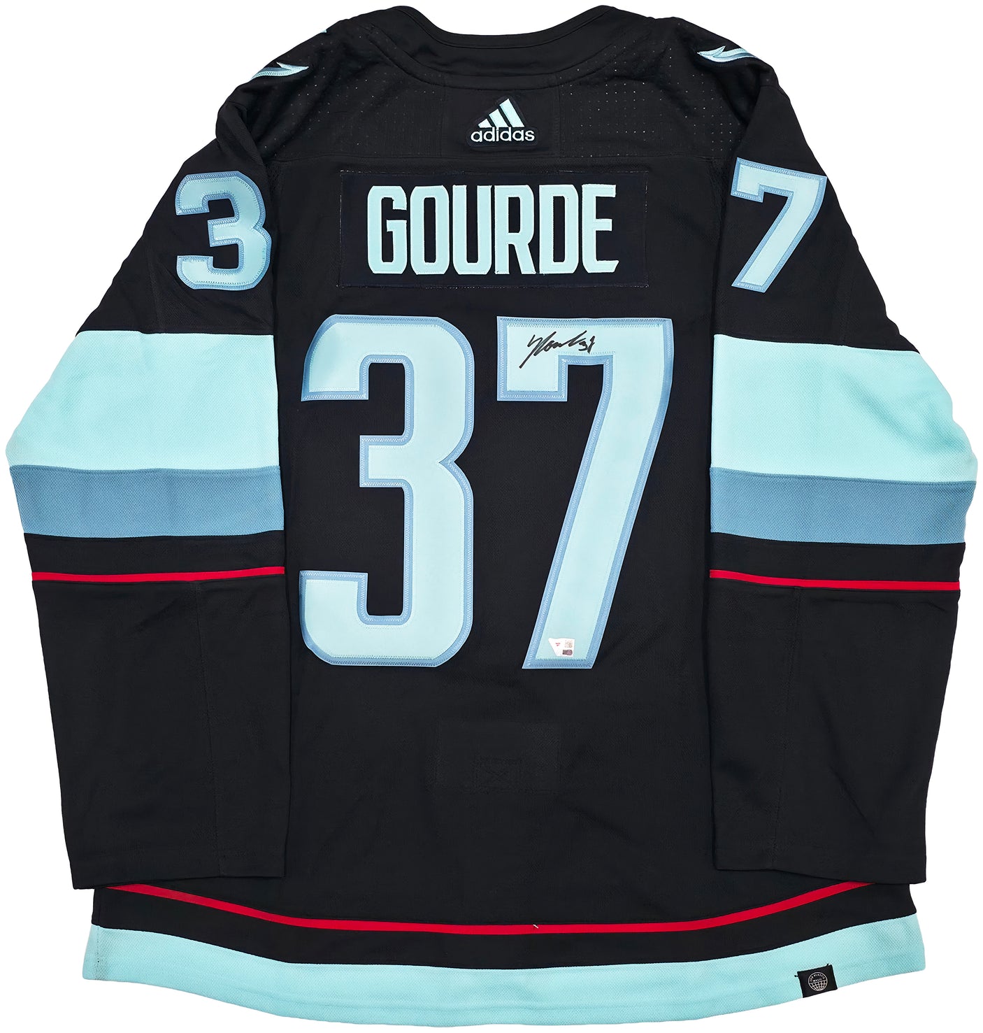 Seattle Kraken Yanni Gourde Autographed Blue Adidas Authentic Primegreen Jersey Size 54 Fanatics Holo Stock #254452
