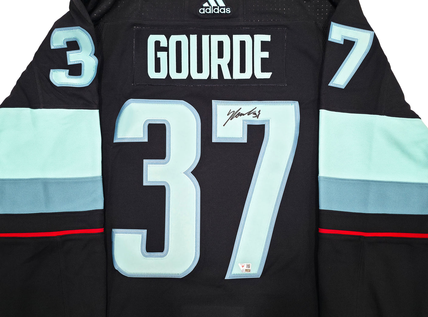 Seattle Kraken Yanni Gourde Autographed Blue Adidas Authentic Primegreen Jersey Size 54 Fanatics Holo Stock #254452