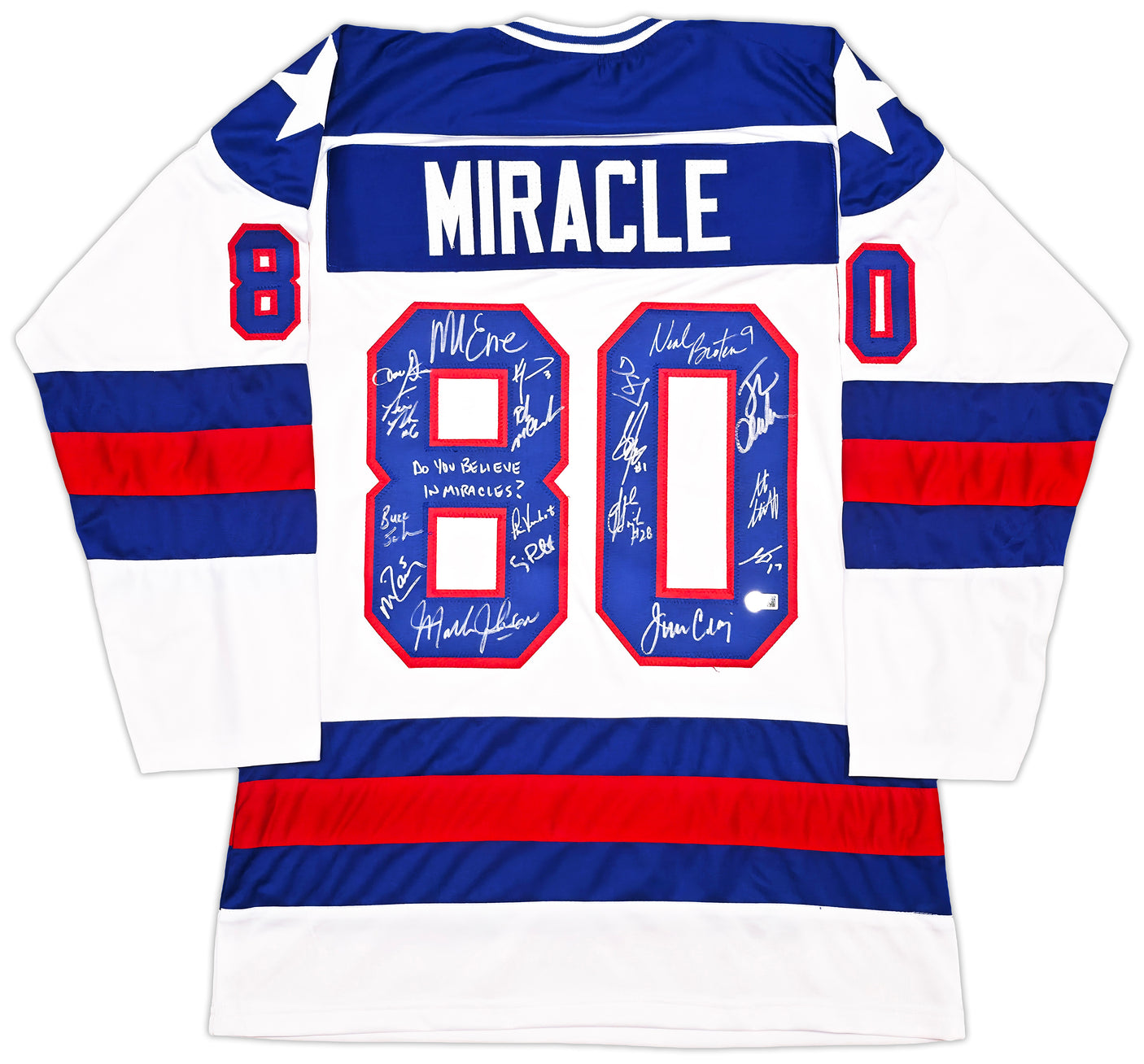 1980 Team USA Miracle on Ice Autographed White Jersey "Do You Believe In Miracles?!" With 18 Signatures Including Eruzione & Craig Beckett BAS Witness Stock #254436
