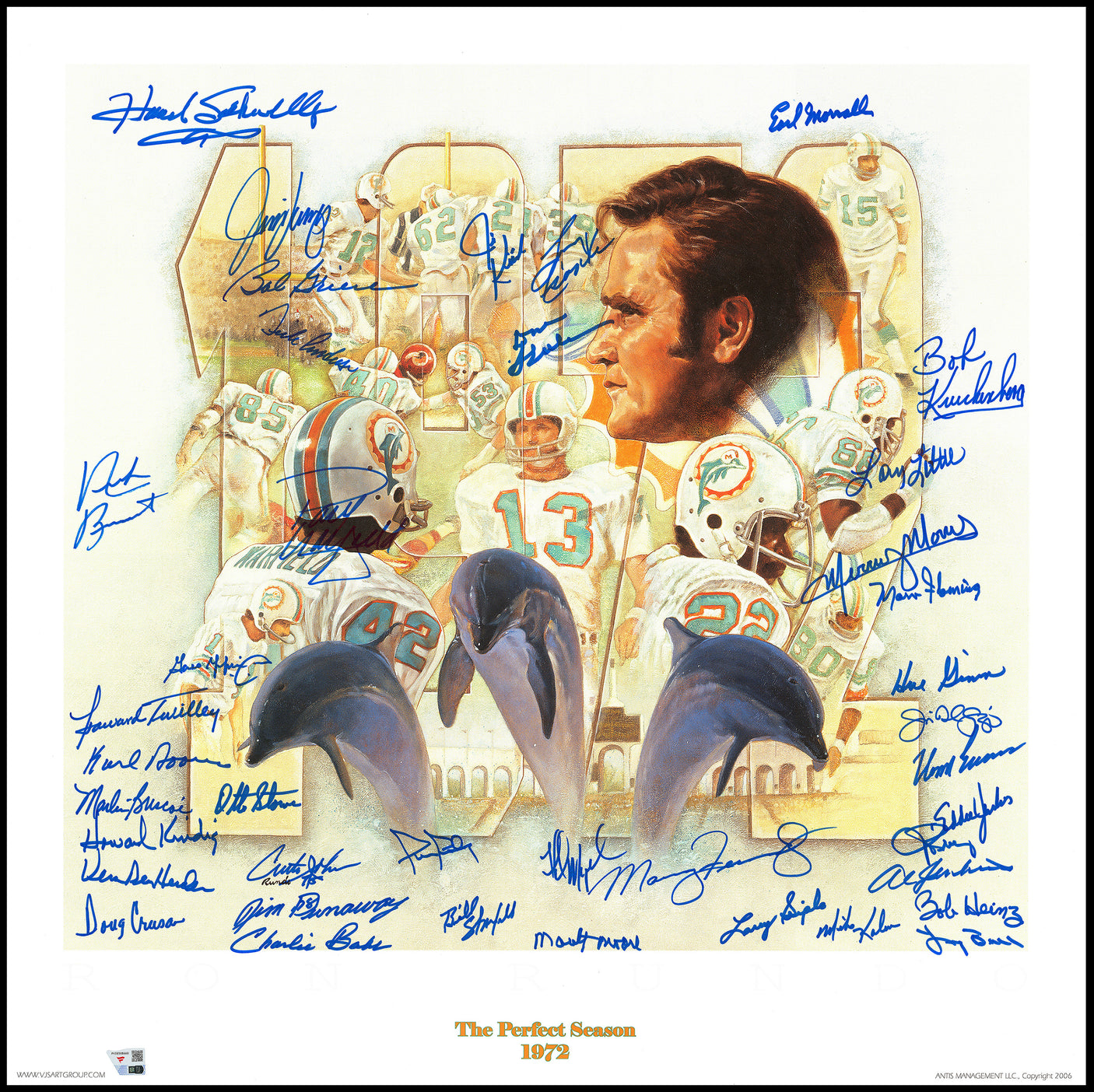 1972 Miami Dolphins Perfect Season Team Autographed 24x24 Lithograph Photo With 40 Signatures Including Shula & Griese Fanatics Holo Stock #255477
