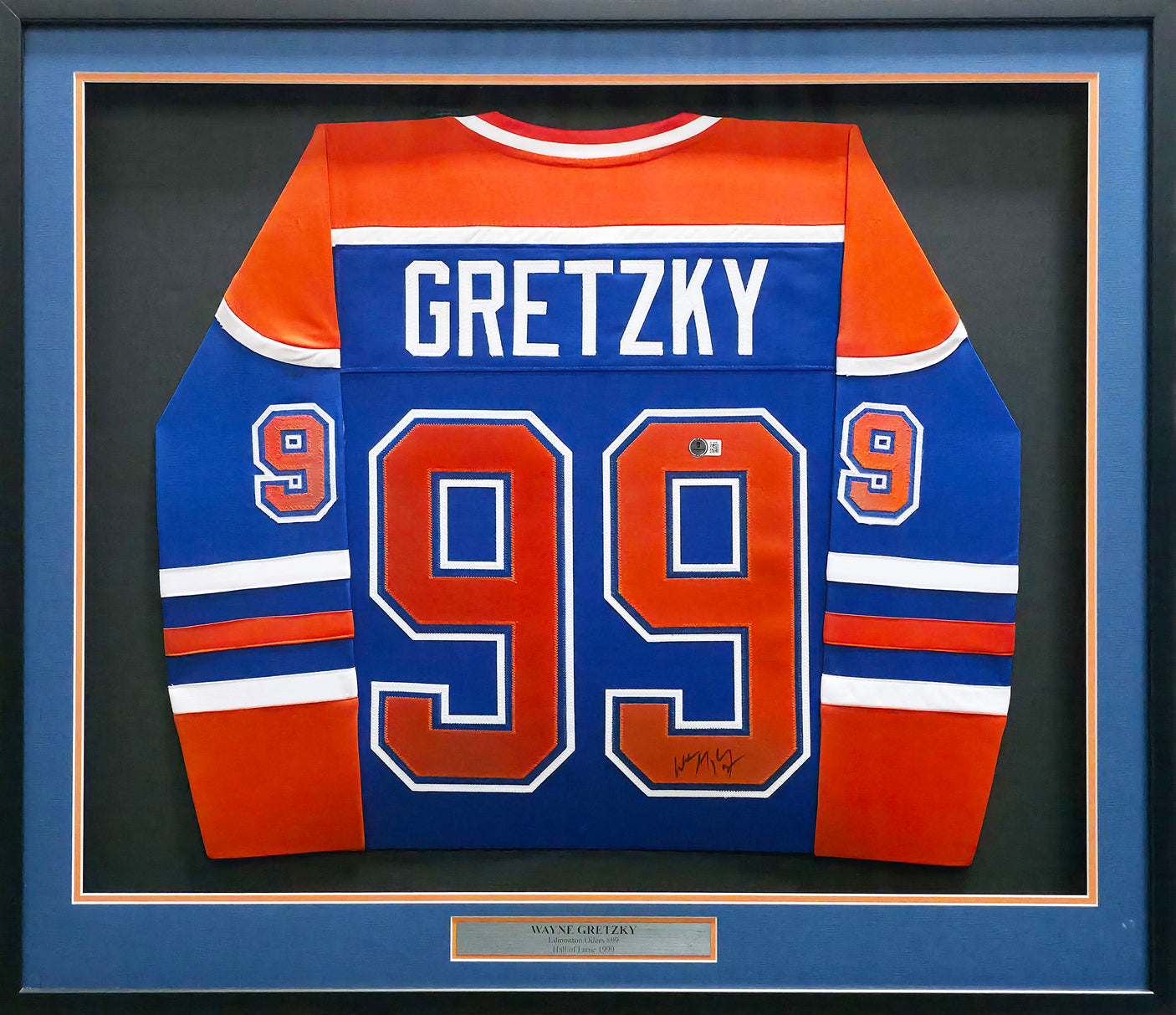 Edmonton Oilers Wayne Gretzky Autographed Framed Blue & Orange Jersey Beckett BAS QR Stock #254312