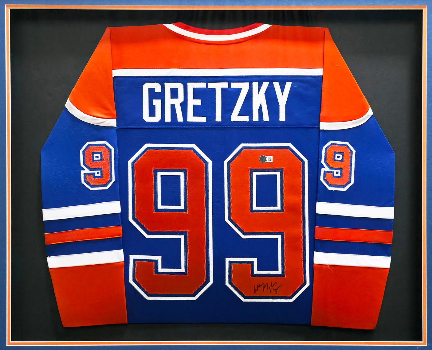 Edmonton Oilers Wayne Gretzky Autographed Framed Blue & Orange Jersey Beckett BAS QR Stock #254312
