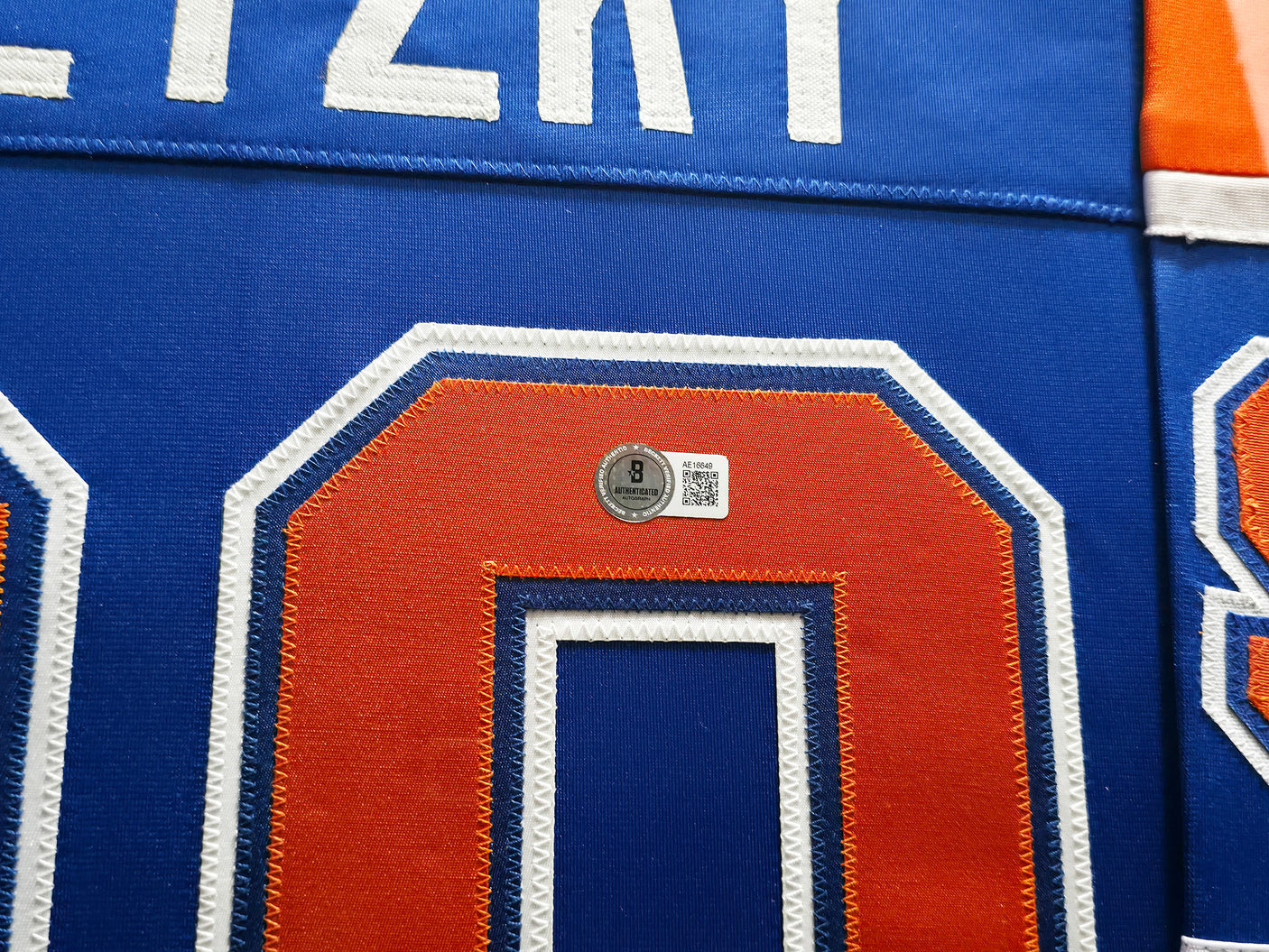 Edmonton Oilers Wayne Gretzky Autographed Framed Blue & Orange Jersey Beckett BAS QR Stock #254312