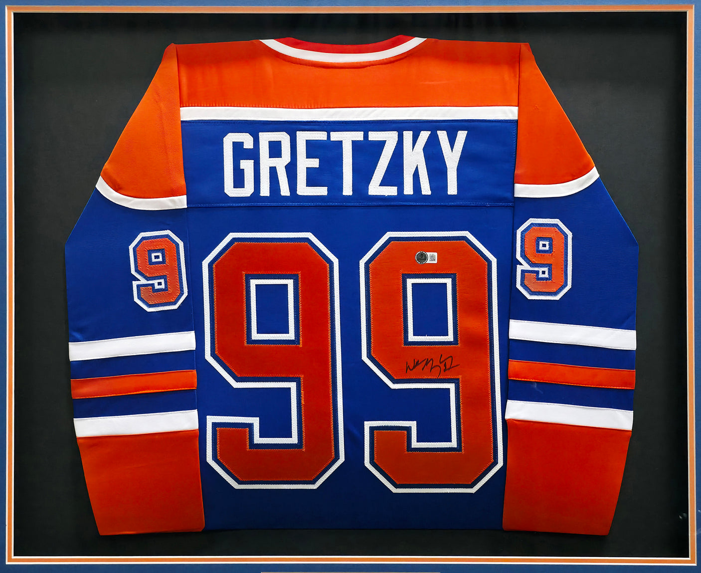 Edmonton Oilers Wayne Gretzky Autographed Framed Blue & Orange Jersey Beckett BAS QR Stock #254313