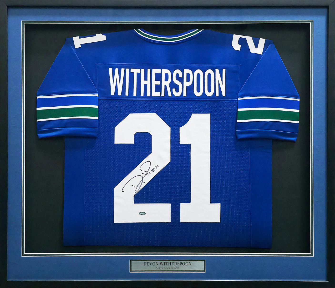 Seattle Seahawks Devon Witherspoon Autographed Framed Blue Throwback Jersey MCS Holo Stock #256419