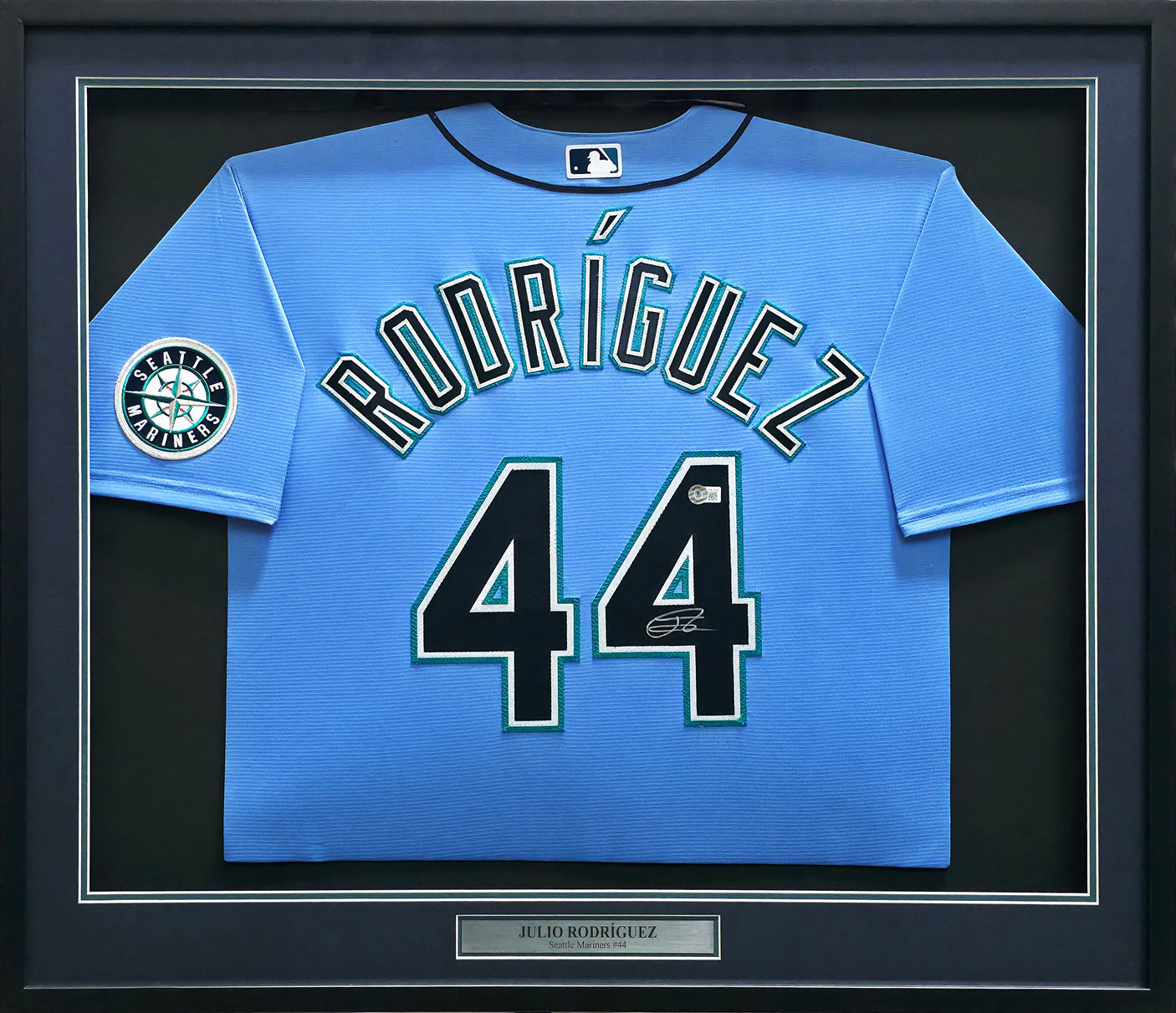 Seattle Mariners Julio Rodriguez Autographed Framed Blue Nike Jersey Beckett BAS QR Stock #256421