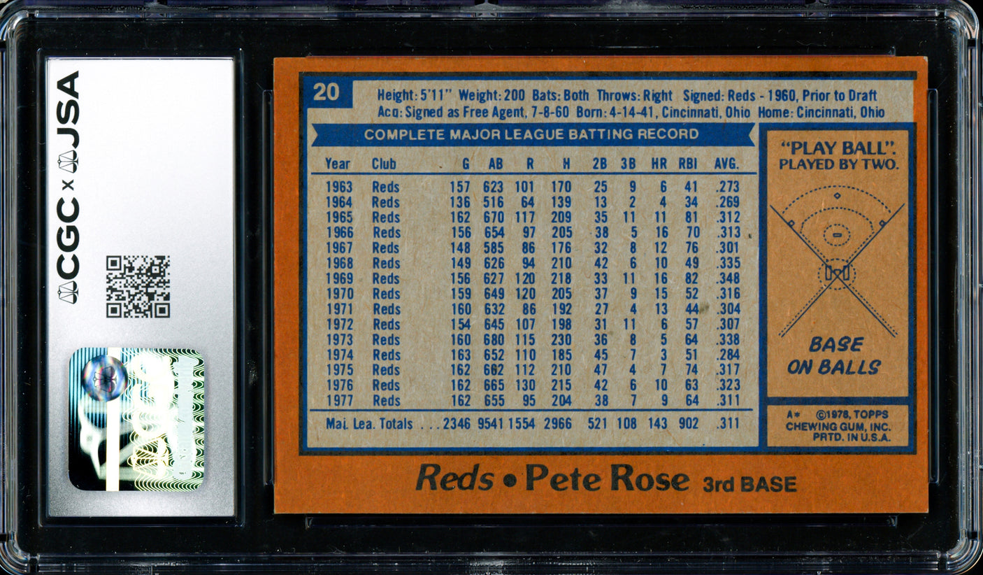 Pete Rose Autographed 1978 Topps Card #20 Cincinnati Reds CGC x JSA 8 CGC x JSA Stock #254360