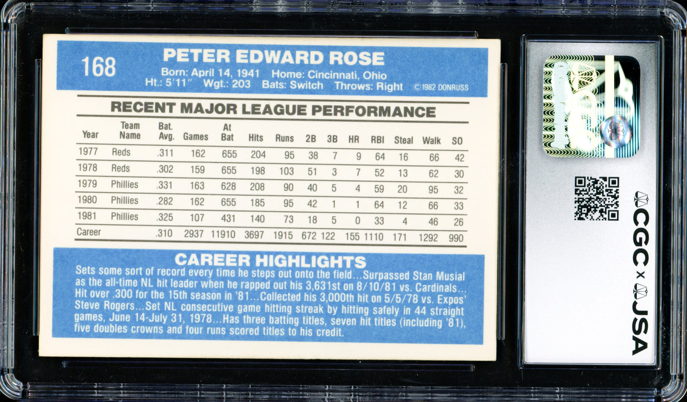 Pete Rose Autographed 1982 Donruss Card #168 Philadelphia Phillies Auto Grade Gem Mint 10 CGC x JSA Stock #254363