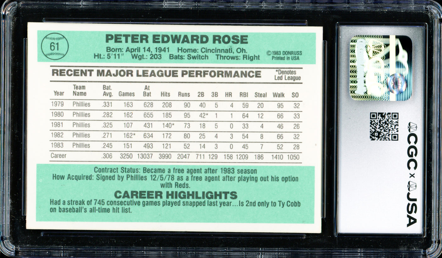 Pete Rose Autographed 1984 Donruss Card #61 Philadelphia Phillies CGC x JSA Stock #254371
