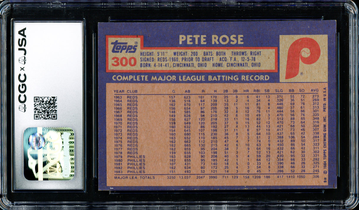 Pete Rose Autographed 1984 Topps Card #300 Philadelphia Phillies Auto Grade Gem Mint 10 CGC x JSA Stock #254372