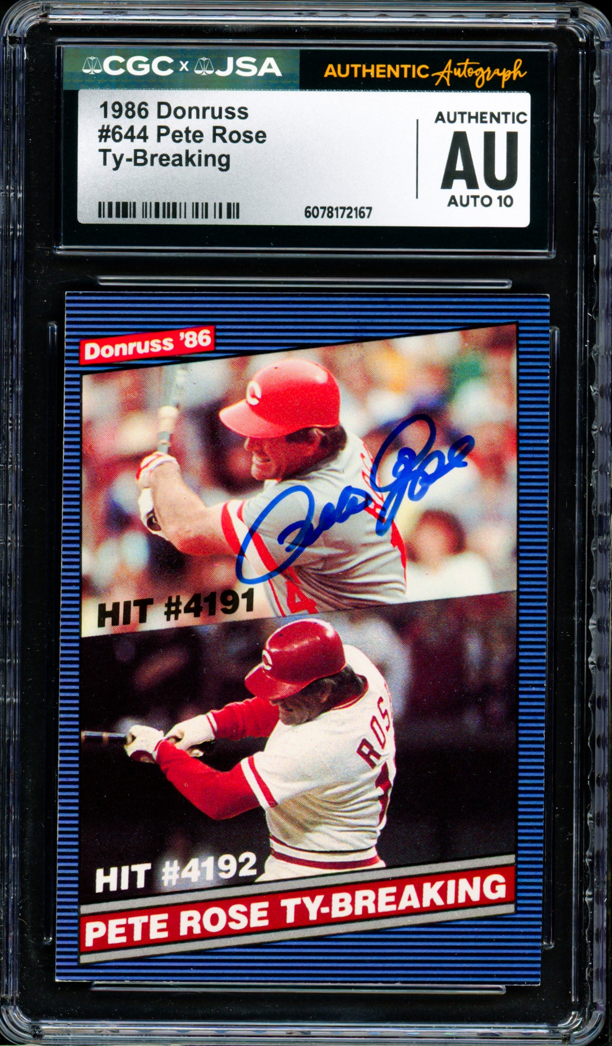 Pete Rose Autographed 1986 Donruss Card #644 Cincinnati Reds Auto Grade Gem Mint 10 CGC x JSA Stock #254374