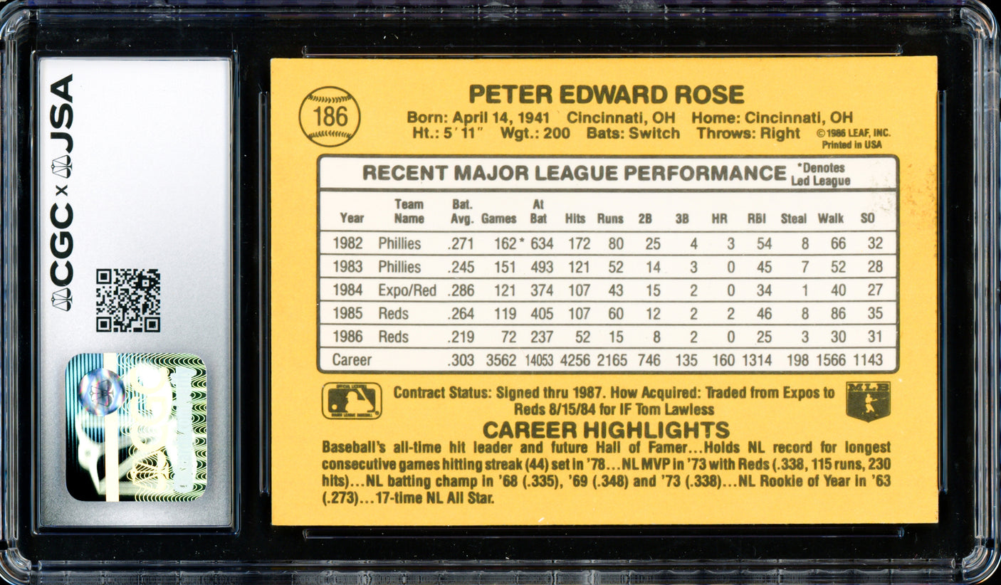 Pete Rose Autographed 1987 Donruss Card #186 Cincinnati Reds Auto Grade Gem Mint 10 CGC x JSA Stock #254376
