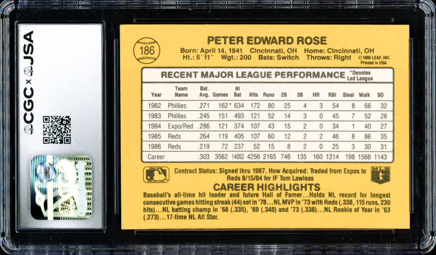 Pete Rose Autographed 1987 Donruss Card #186 Cincinnati Reds CGC x JSA Stock #254377