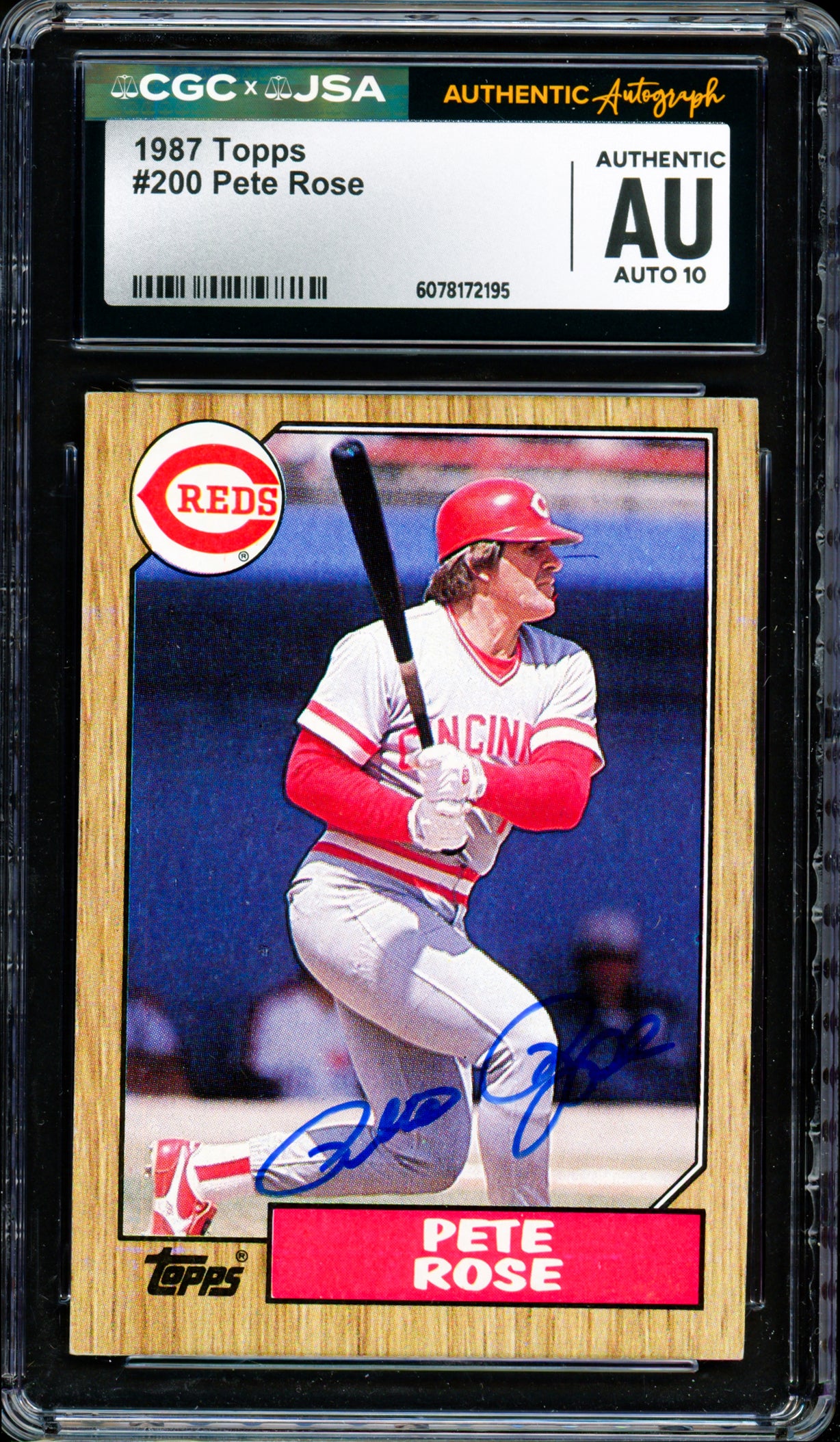 Pete Rose Autographed 1987 Topps Card #200 Cincinnati Reds Auto Grade Gem Mint 10 CGC x JSA Stock #254378
