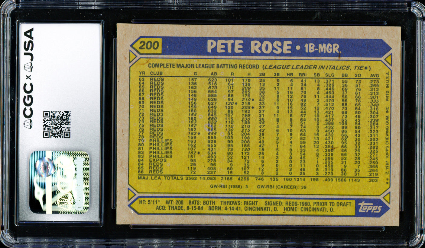 Pete Rose Autographed 1987 Topps Card #200 Cincinnati Reds CGC x JSA Stock #254379