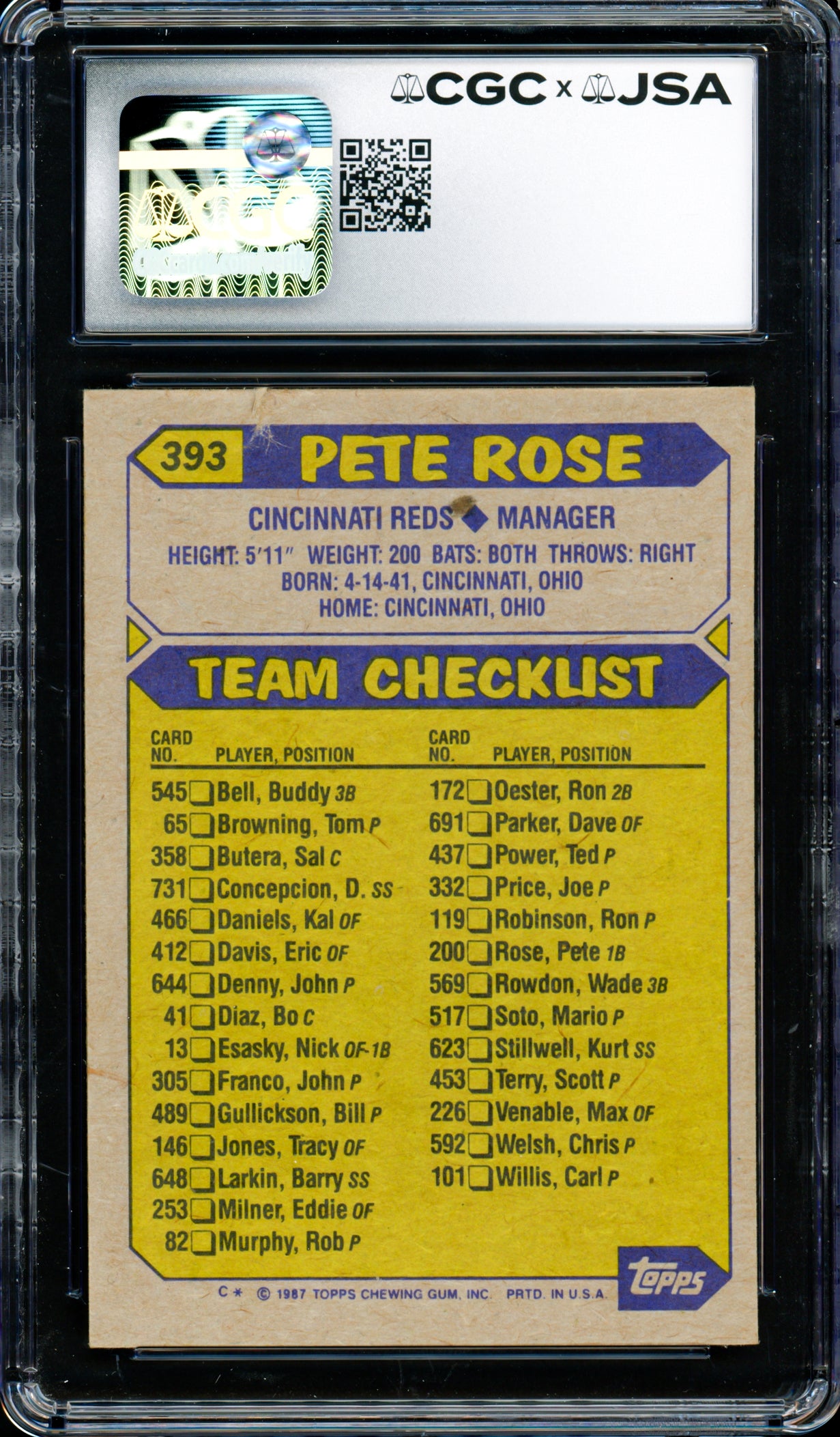 Pete Rose Autographed 1987 Topps Card #393 Cincinnati Reds CGC x JSA Stock #254380