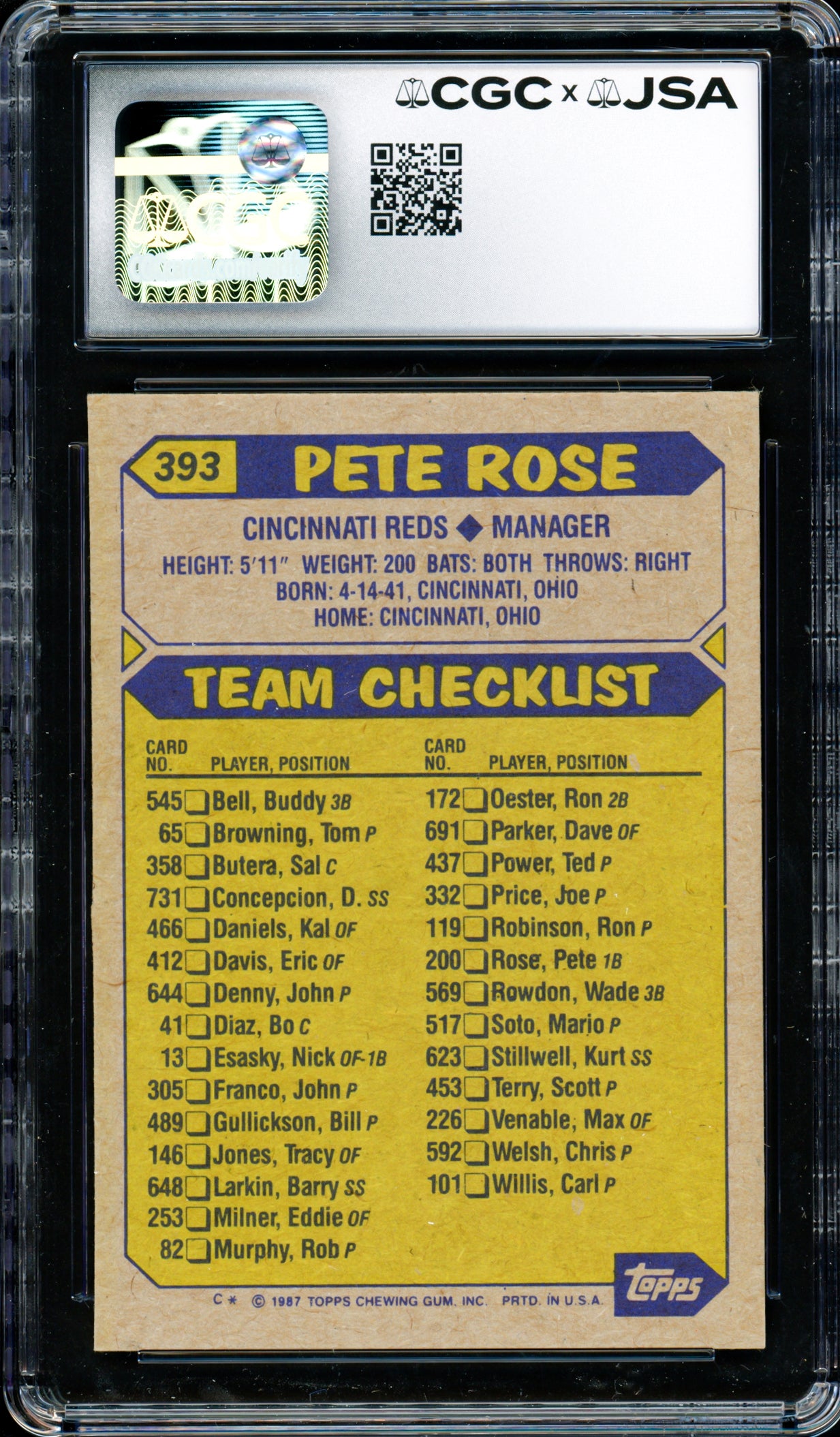 Pete Rose Autographed 1987 Topps Card #393 Cincinnati Reds CGC x JSA Stock #254381