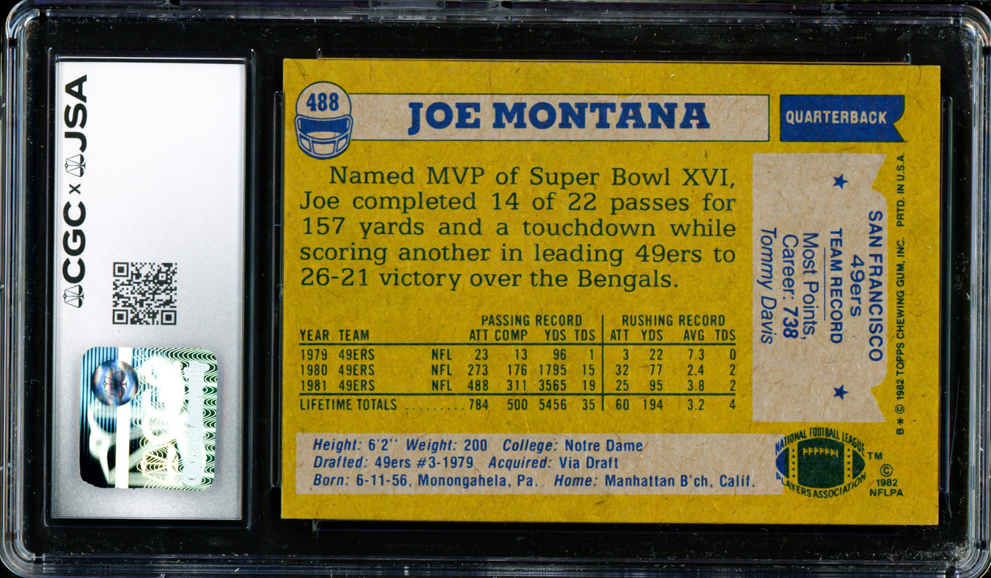Joe Montana Autographed 1982 Topps Card #488 San Francisco 49ers Auto Grade Gem Mint 10 CGC x JSA Stock #254386