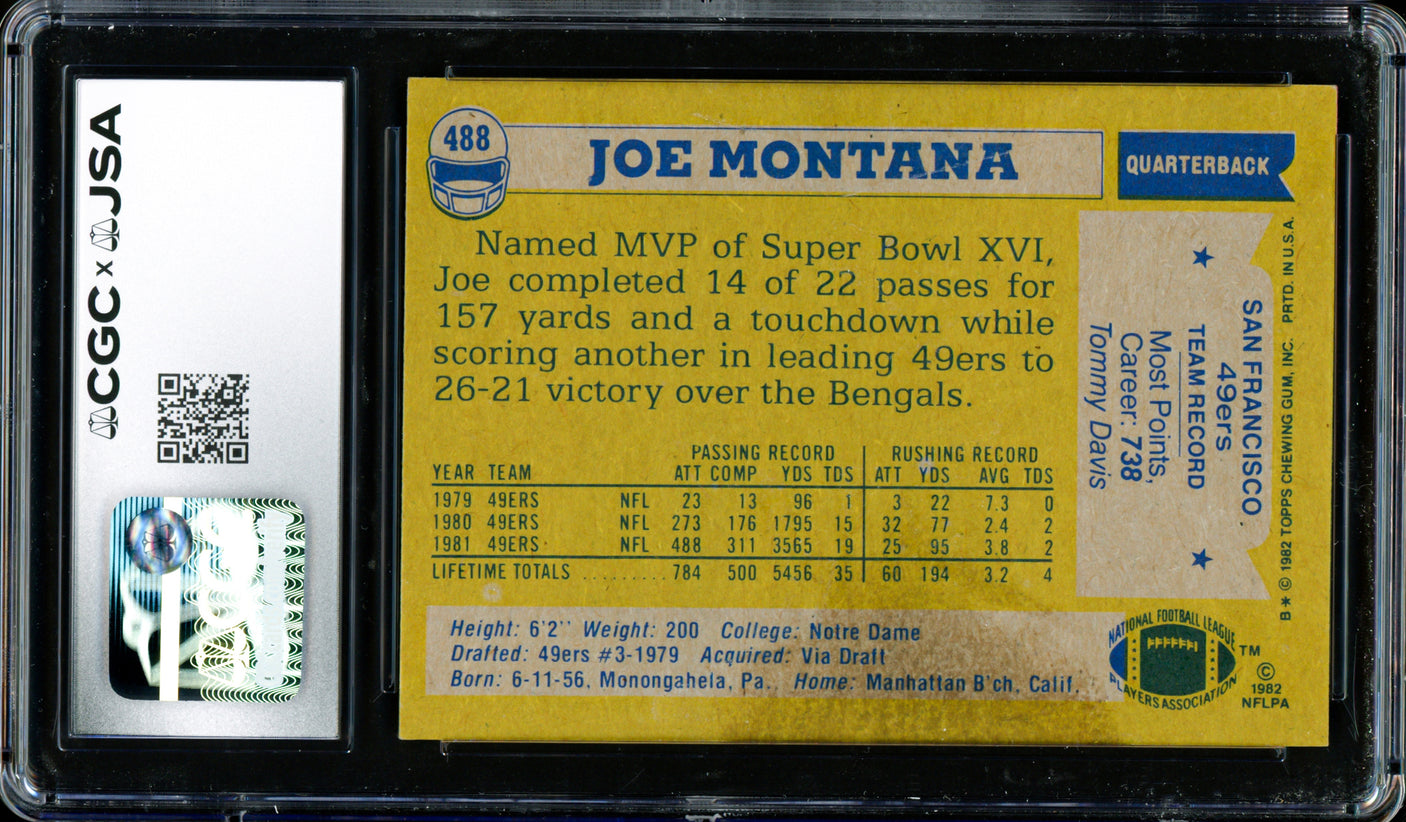 Joe Montana Autographed 1982 Topps Card #488 San Francisco 49ers CGC x JSA Stock #254387