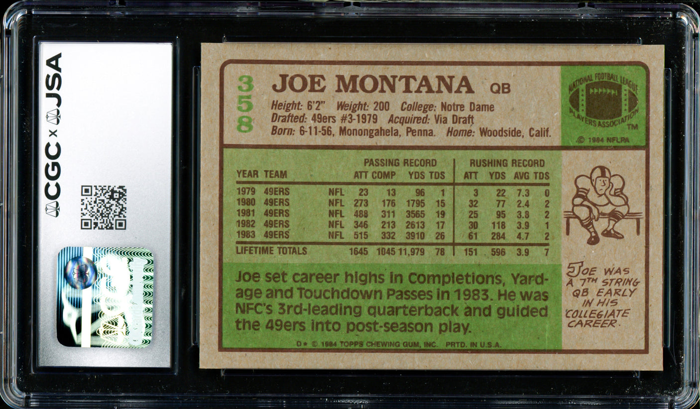 Joe Montana Autographed 1984 Topps Card #358 San Francisco 49ers CGC x JSA 8.5 Auto Grade Gem Mint 10 CGC x JSA Stock #254390