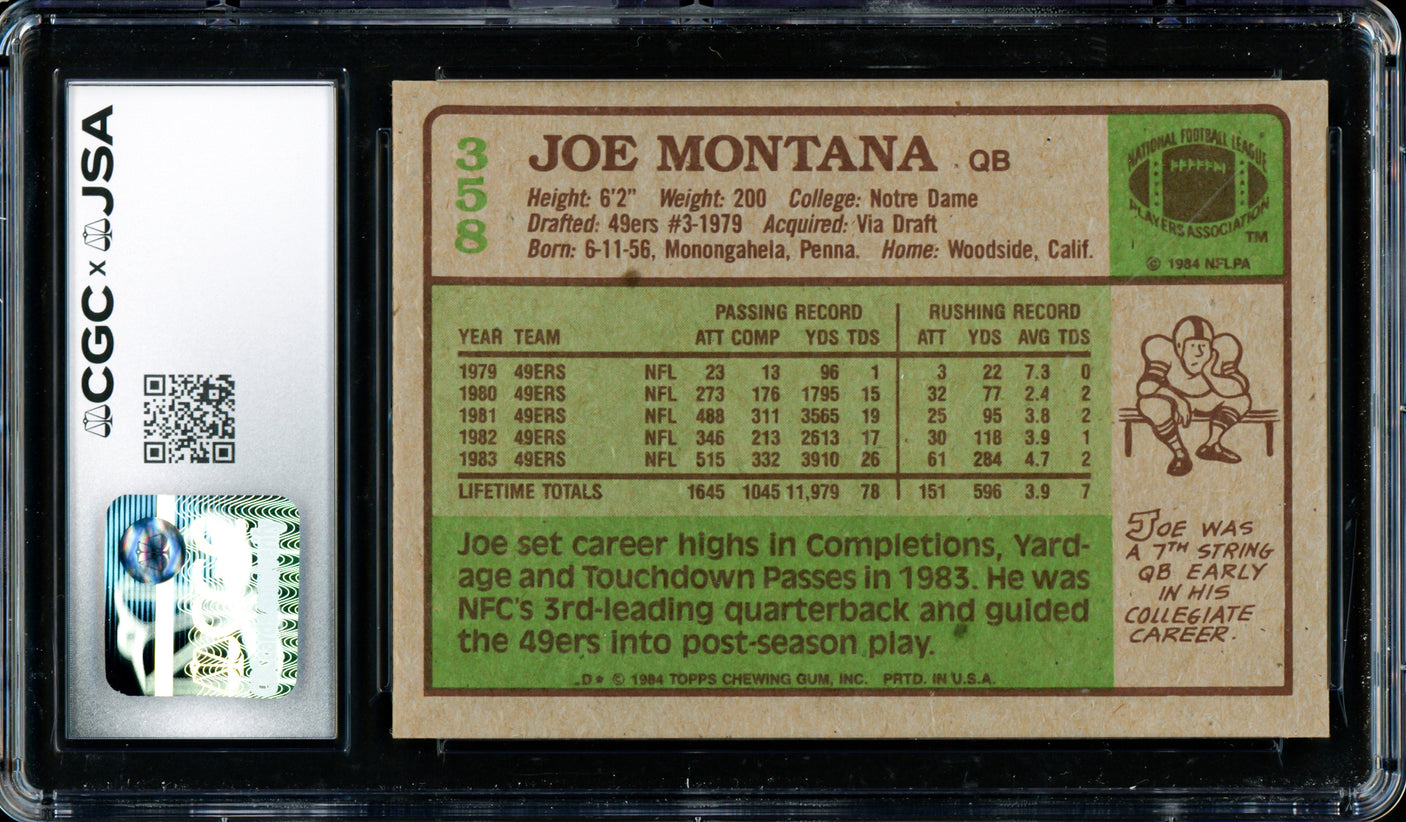 Joe Montana Autographed 1984 Topps Card #358 San Francisco 49ers CGC x JSA 8 Auto Grade Gem Mint 10 CGC x JSA Stock #254392