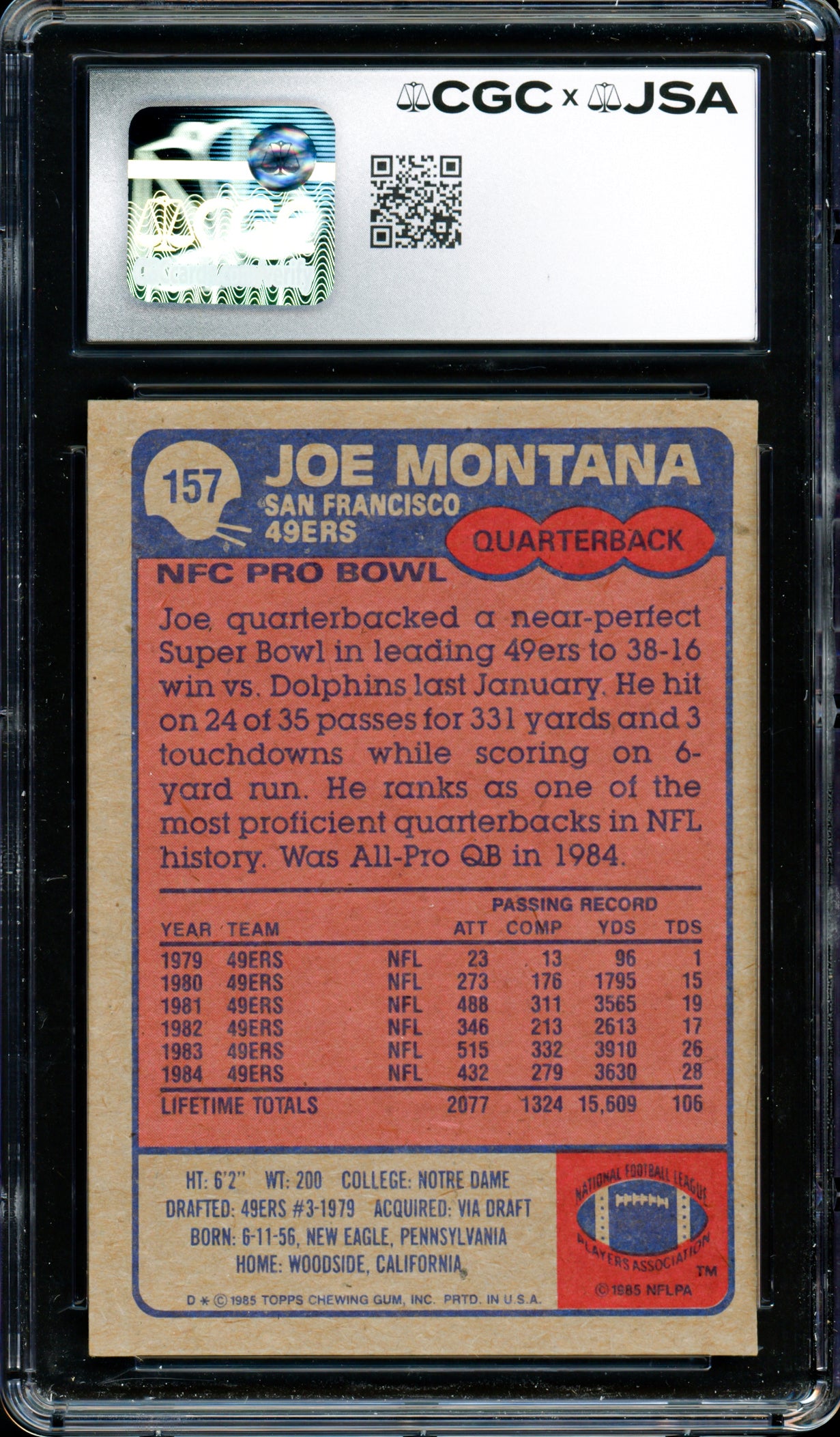 Joe Montana Autographed 1985 Topps Card #157 San Francisco 49ers CGC x JSA 8 Auto Grade Gem Mint 10 CGC x JSA Stock #254396