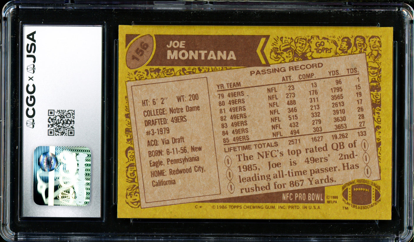 Joe Montana Autographed 1986 Topps Card #156 San Francisco 49ers CGC x JSA 8 Auto Grade Gem Mint 10 CGC x JSA Stock #254398