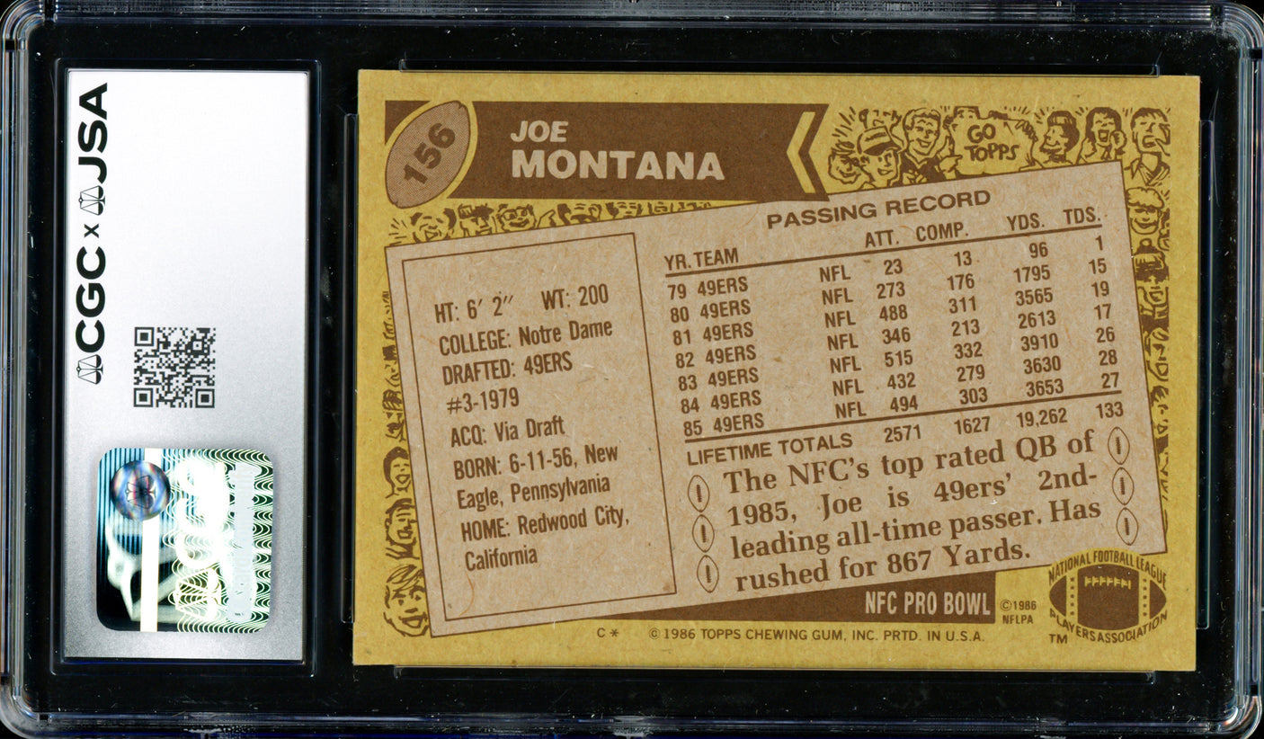 Joe Montana Autographed 1986 Topps Card #156 San Francisco 49ers Auto Grade Gem Mint 10 CGC x JSA Stock #254399