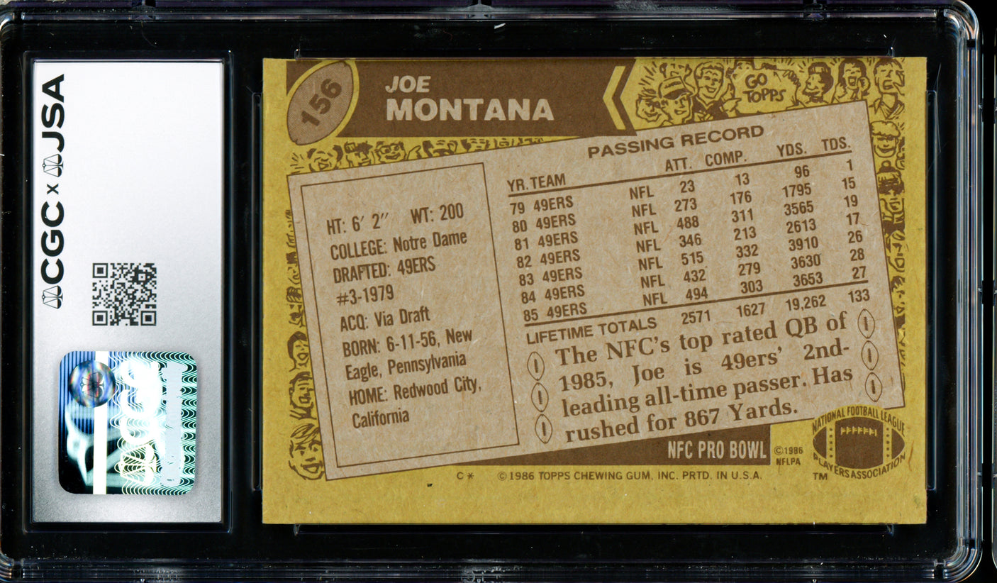 Joe Montana Autographed 1986 Topps Card #156 San Francisco 49ers CGC x JSA Stock #254400