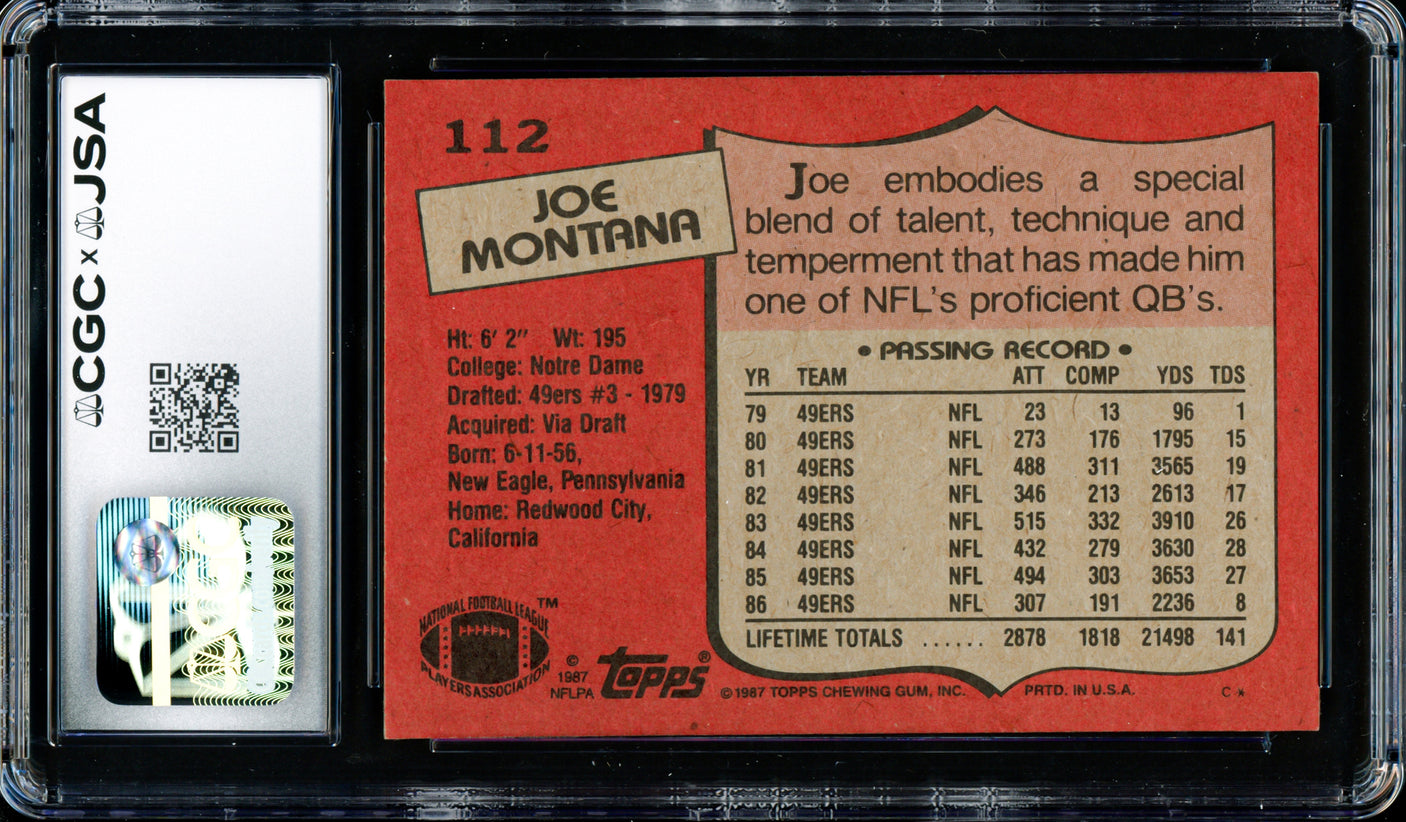 Joe Montana Autographed 1987 Topps Card #112 San Francisco 49ers CGC x JSA 9 Auto Grade Gem Mint 10 CGC x JSA Stock #254401