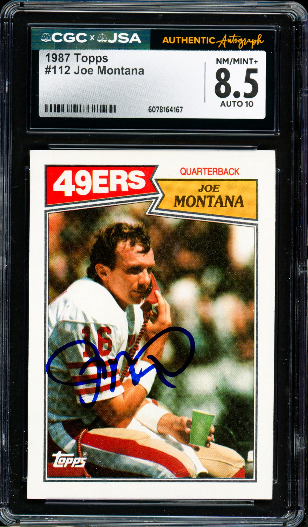 Joe Montana Autographed 1987 Topps Card #112 San Francisco 49ers CGC x JSA 8.5 Auto Grade Gem Mint 10 CGC x JSA Stock #254402