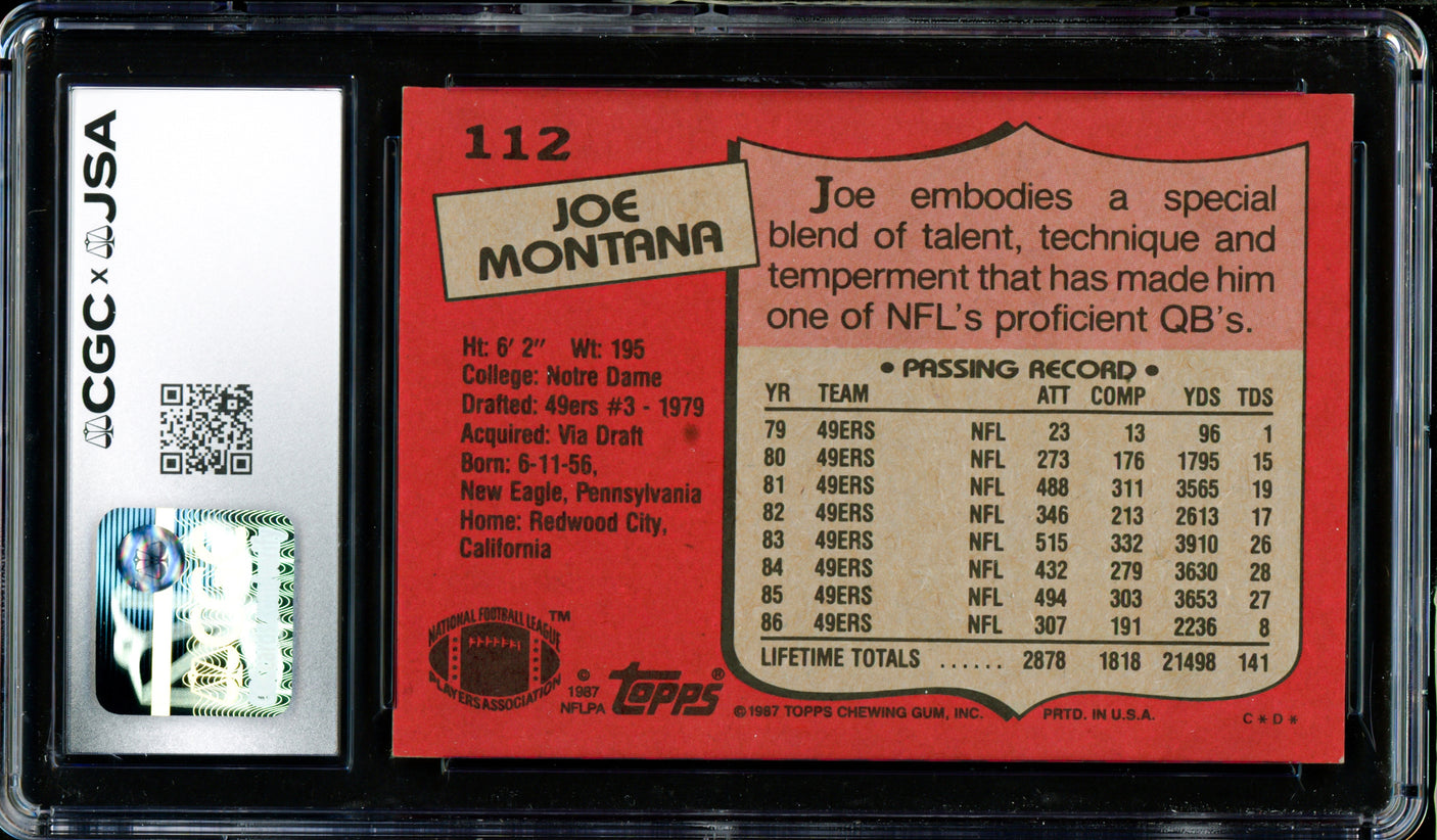 Joe Montana Autographed 1987 Topps Card #112 San Francisco 49ers CGC x JSA 8.5 Auto Grade Gem Mint 10 CGC x JSA Stock #254402