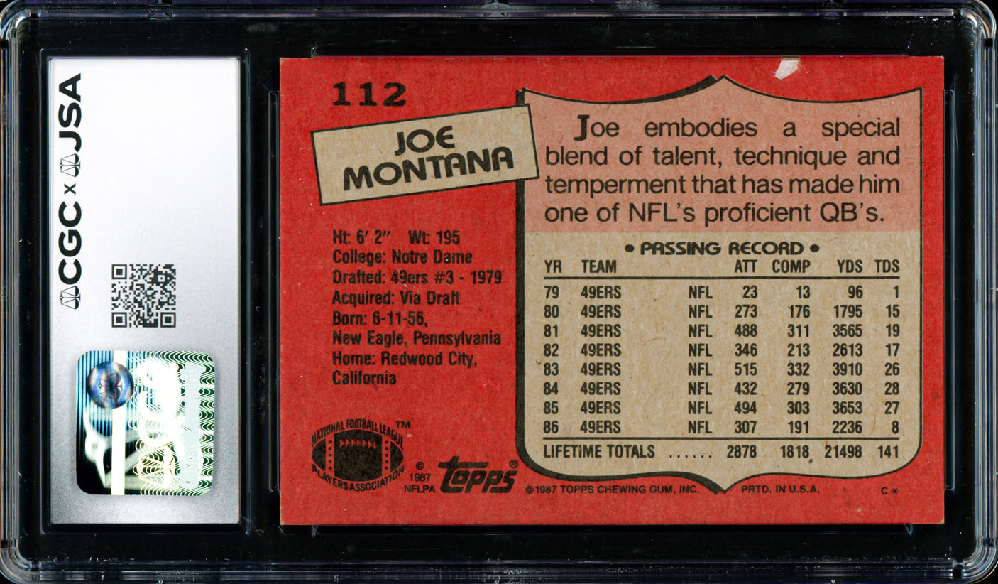 Joe Montana Autographed 1987 Topps Card #112 San Francisco 49ers Auto Grade Gem Mint 10 CGC x JSA Stock #254404