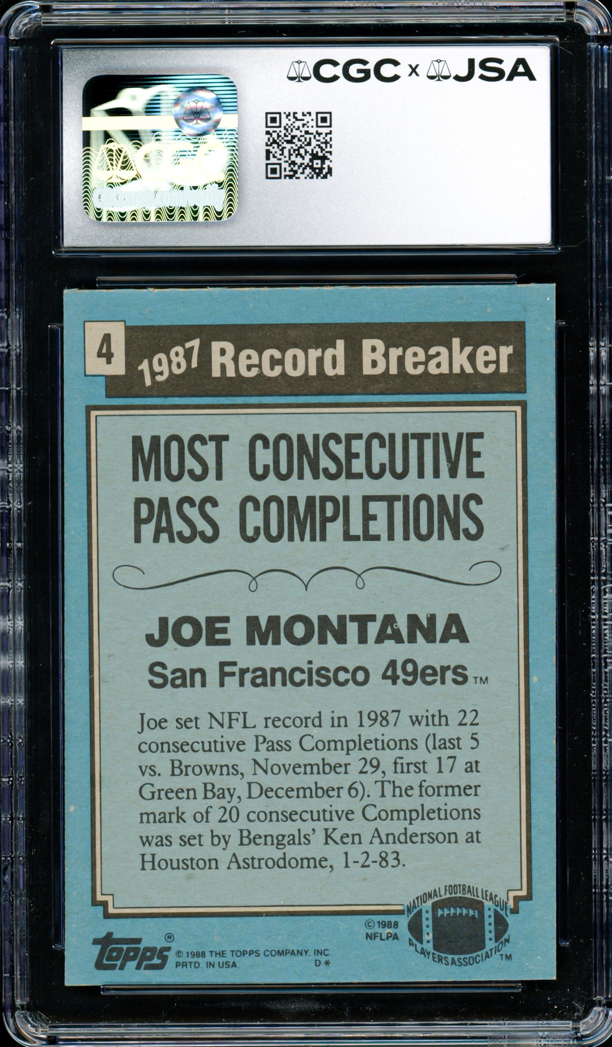 Joe Montana Autographed 1988 Topps Card #4 San Francisco 49ers Auto Grade Gem Mint 10 CGC x JSA Stock #254405