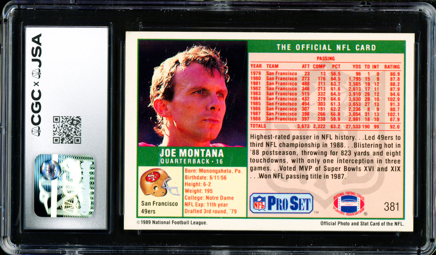 Joe Montana Autographed 1989 Pro Set Card #381 San Francisco 49ers Auto Grade Gem Mint 10 CGC x JSA Stock #254406