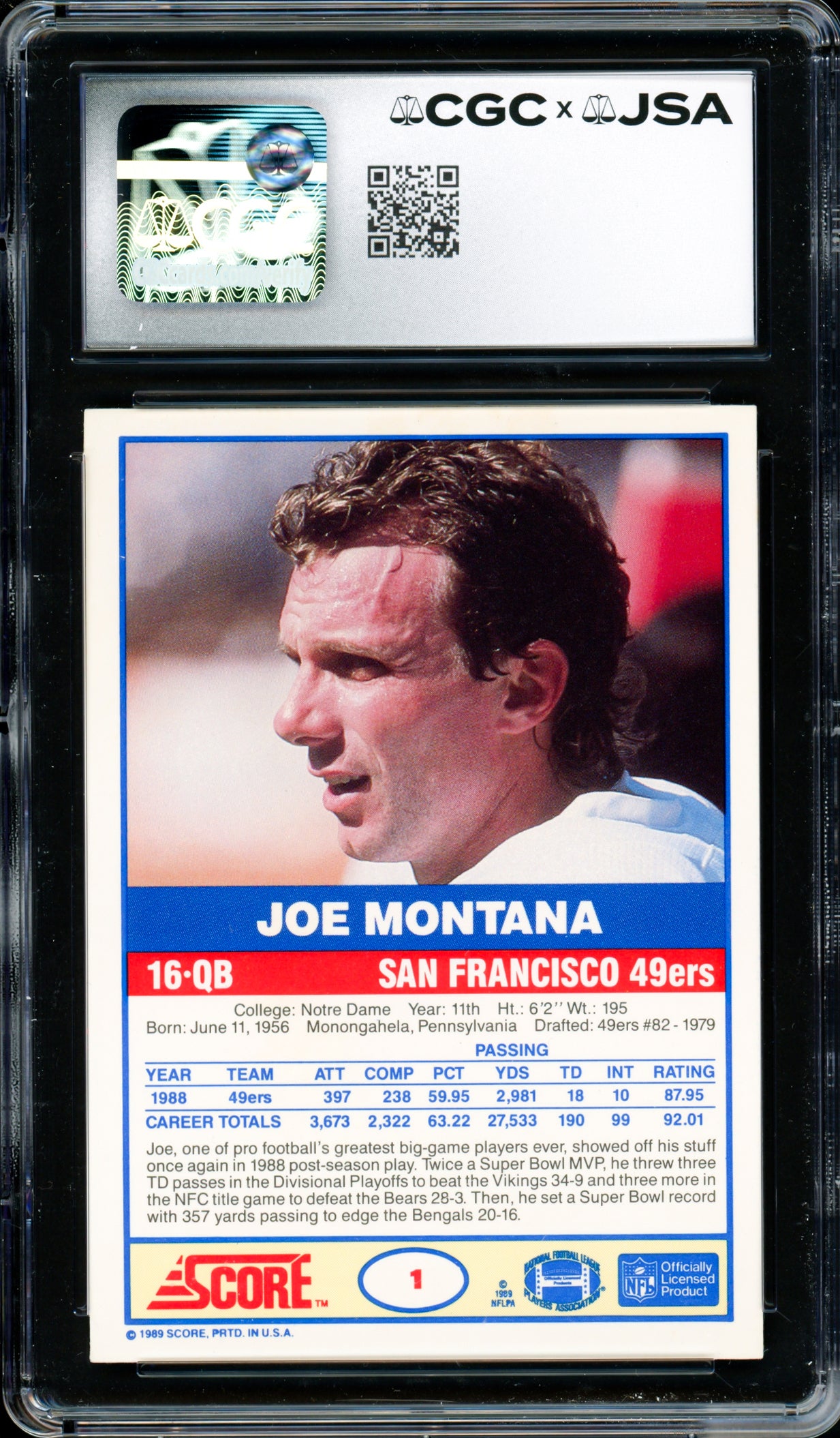 Joe Montana Autographed 1989 Score Card #1 San Francisco 49ers CGC x JSA 9 Auto Grade Gem Mint 10 CGC x JSA Stock #254409