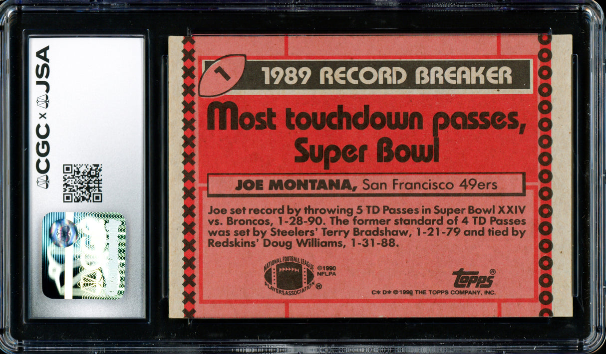 Joe Montana Autographed 1990 Topps Card #1 San Francisco 49ers Auto Grade Gem Mint 10 CGC x JSA Stock #254416