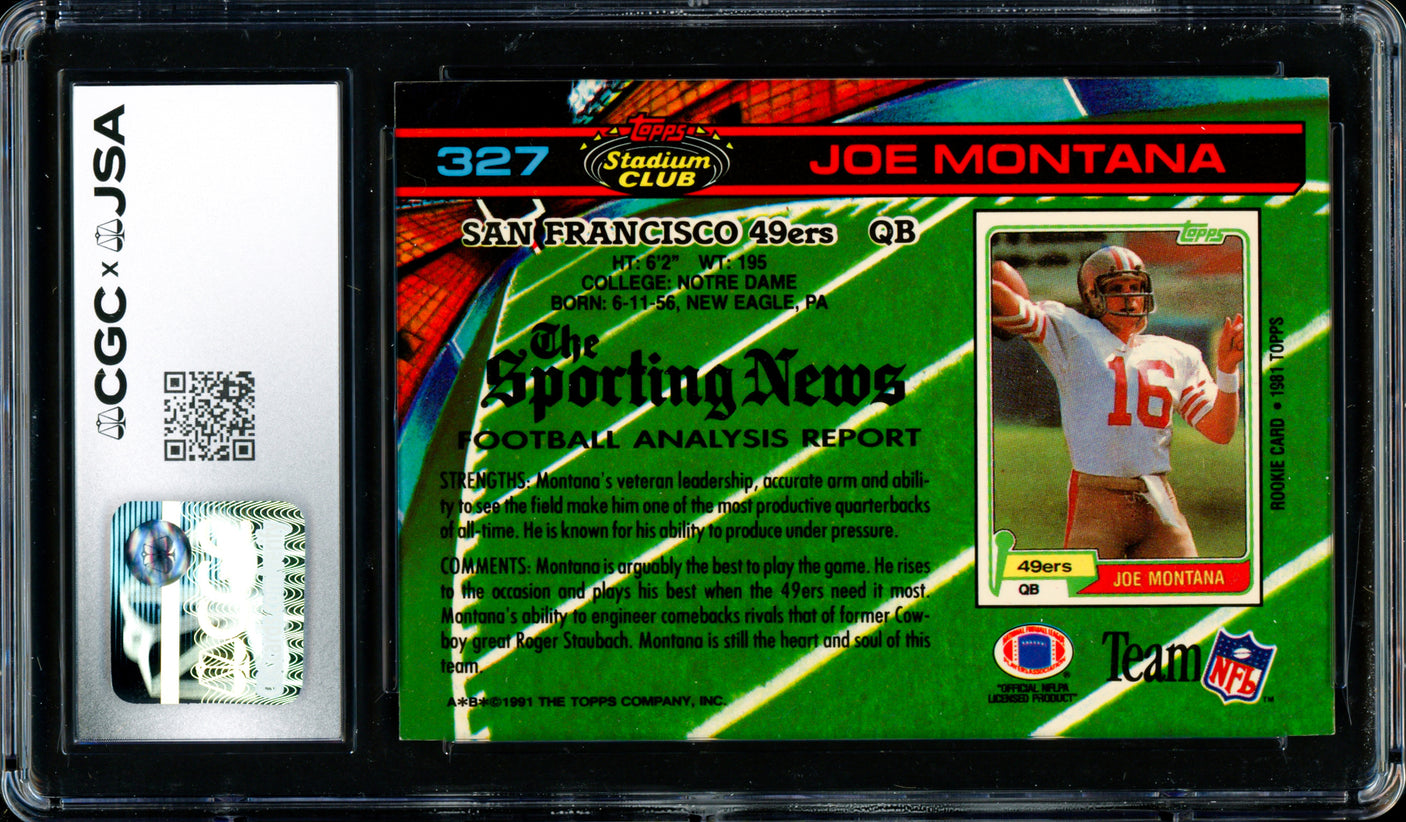Joe Montana Autographed 1991 Stadium Club Card #327 San Francisco 49ers CGC x JSA Stock #254417
