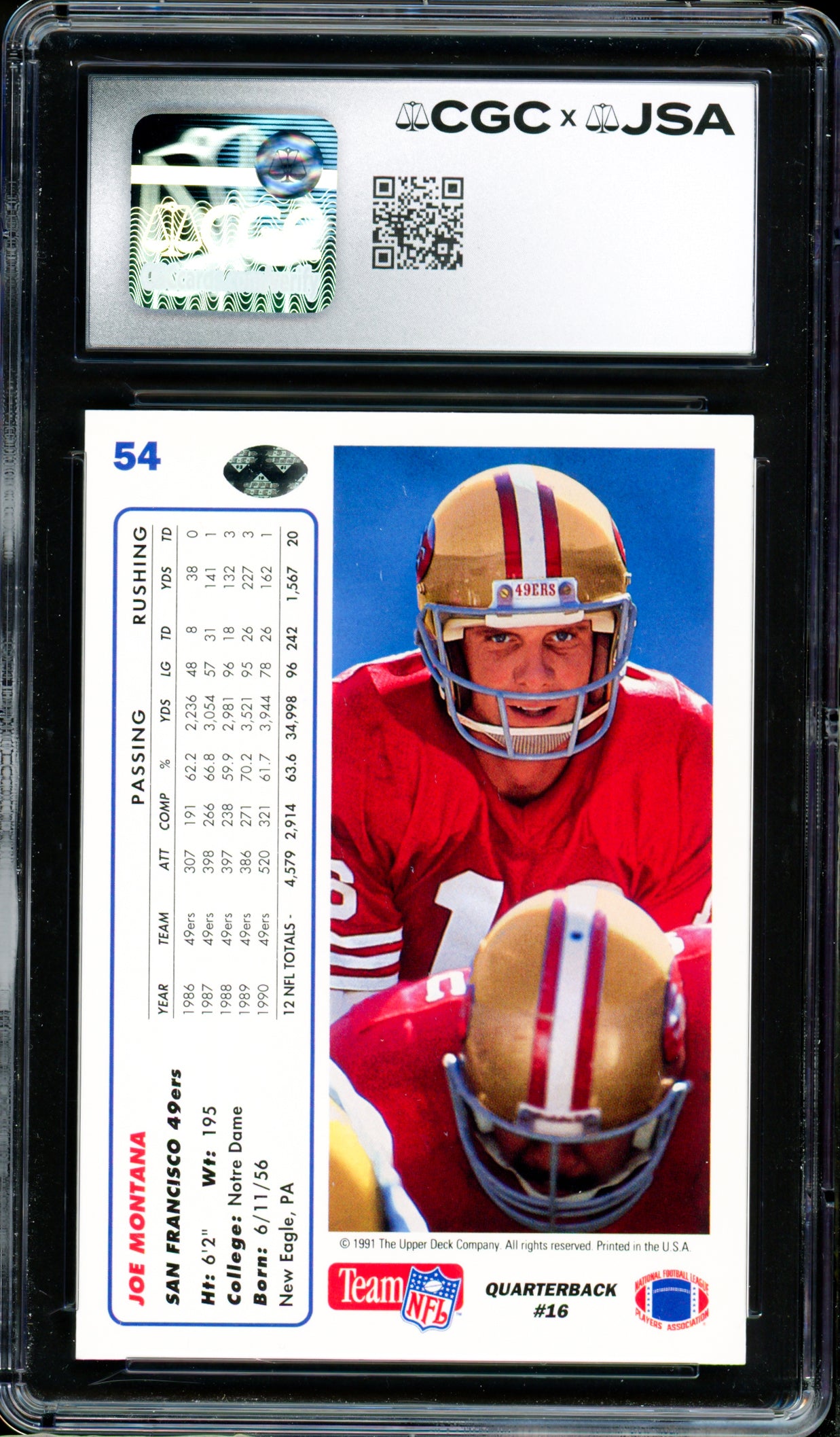 Joe Montana Autographed 1991 Upper Deck Hologram Variation Card #54 San Francisco 49ers Auto Grade Gem Mint 10 CGC x JSA Stock #254418