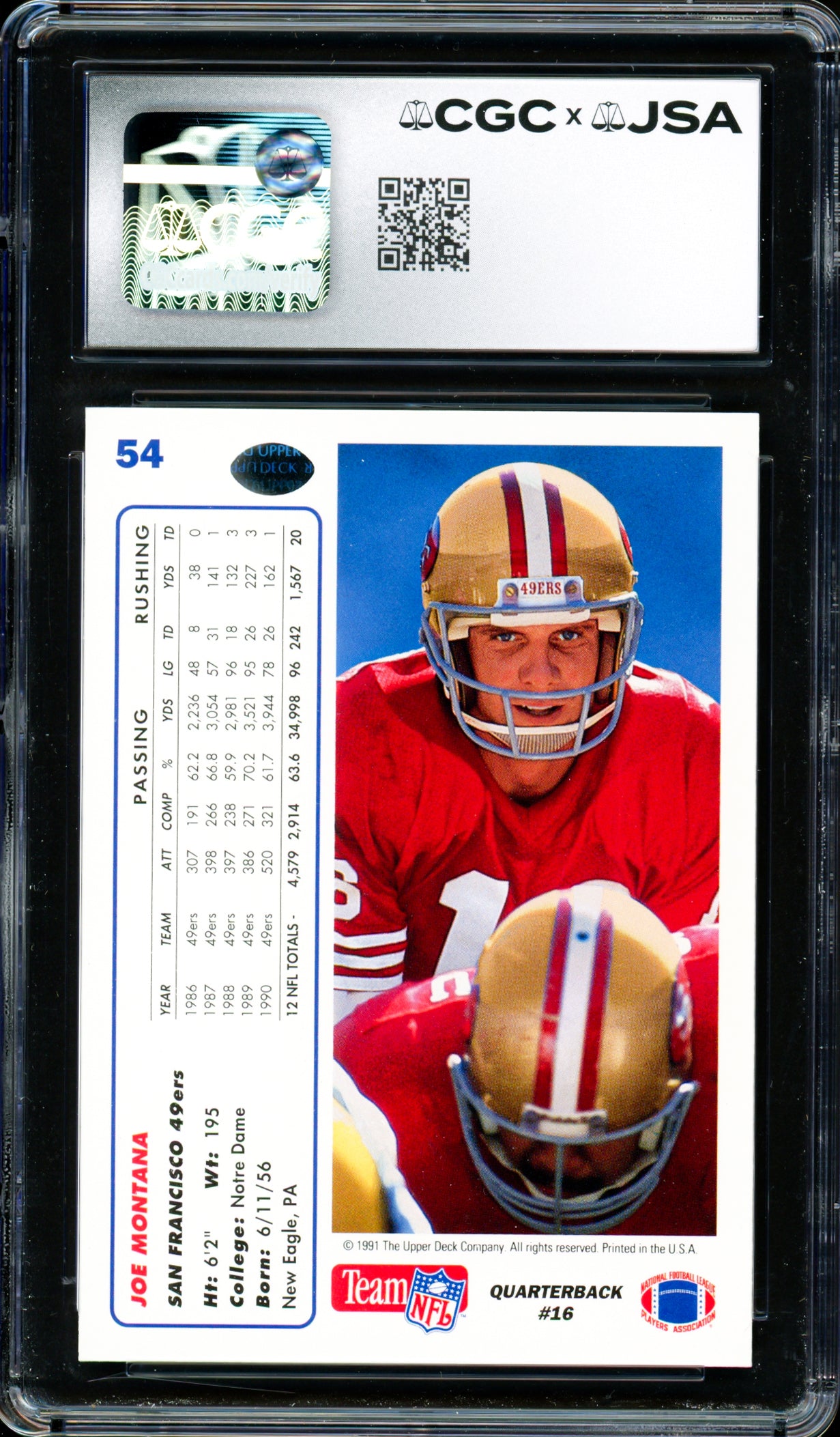 Joe Montana Autographed 1991 Upper Deck Card #54 San Francisco 49ers CGC x JSA 9 Auto Grade Gem Mint 10 CGC x JSA Stock #254419