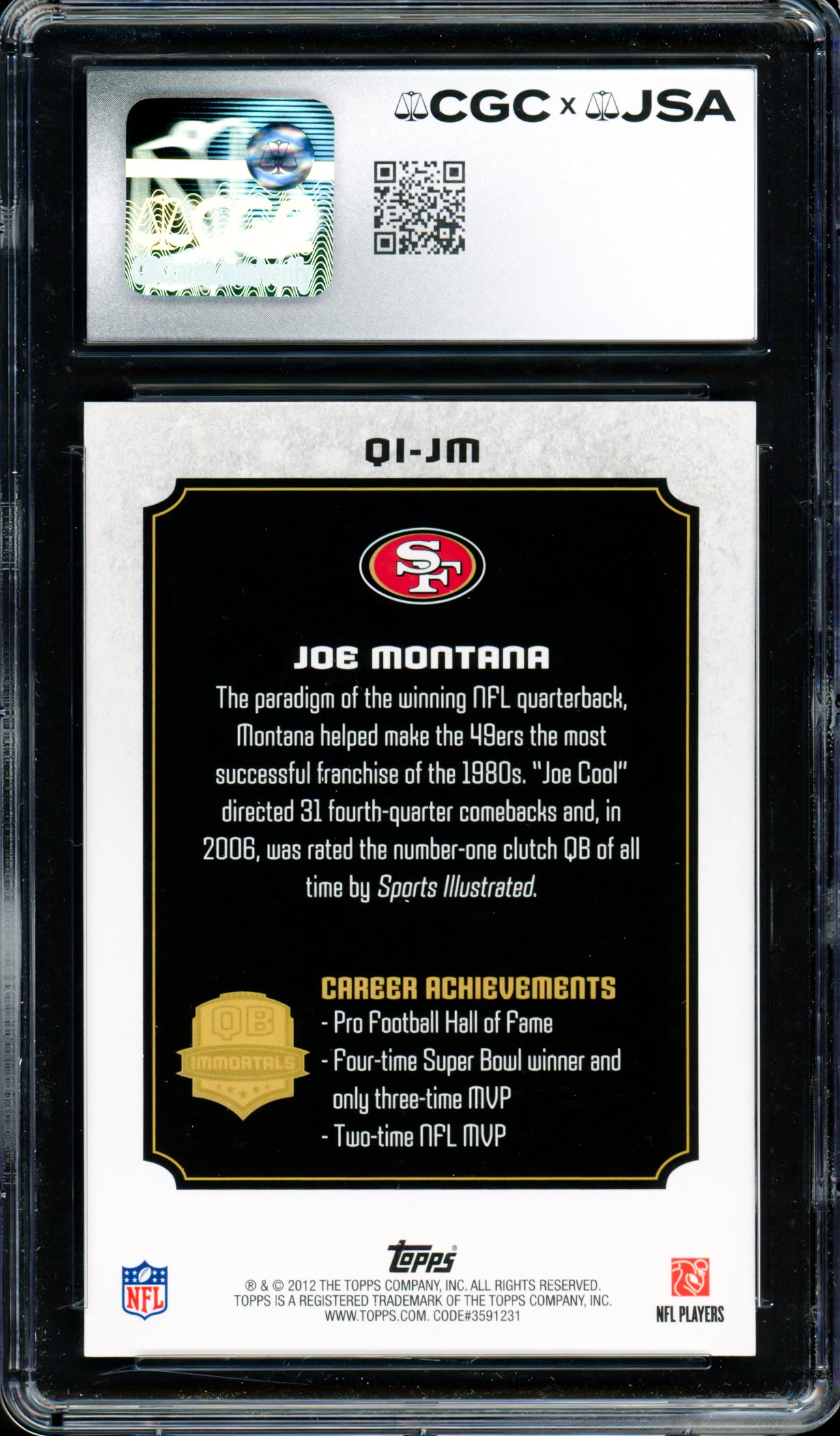 Joe Montana Autographed 2012 Topps QB Immortals Card #QI-JM San Francisco 49ers CGC x JSA 9.5 CGC x JSA Stock #254424