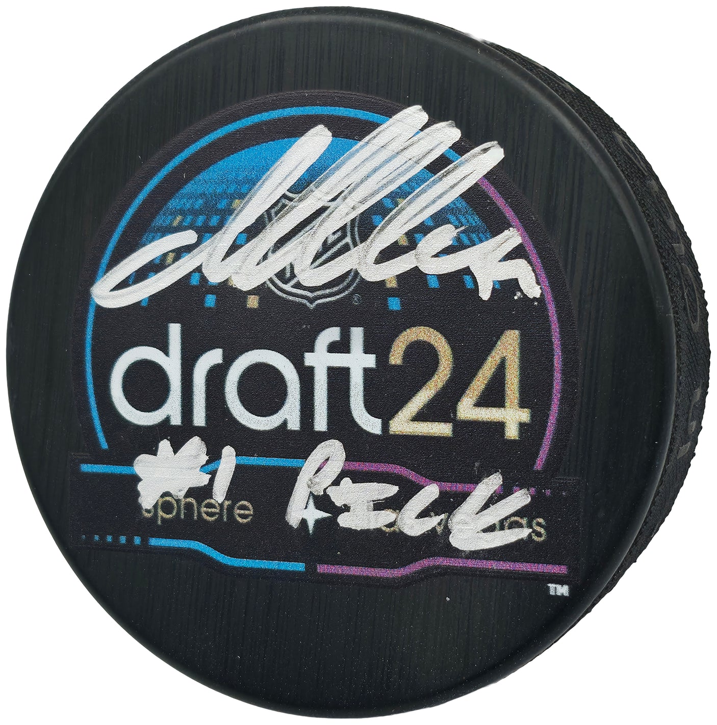 Macklin Celebrini Autographed Official 2024 Draft Logo Hockey Puck "#1 Pick" Fanatics Holo Stock #256808