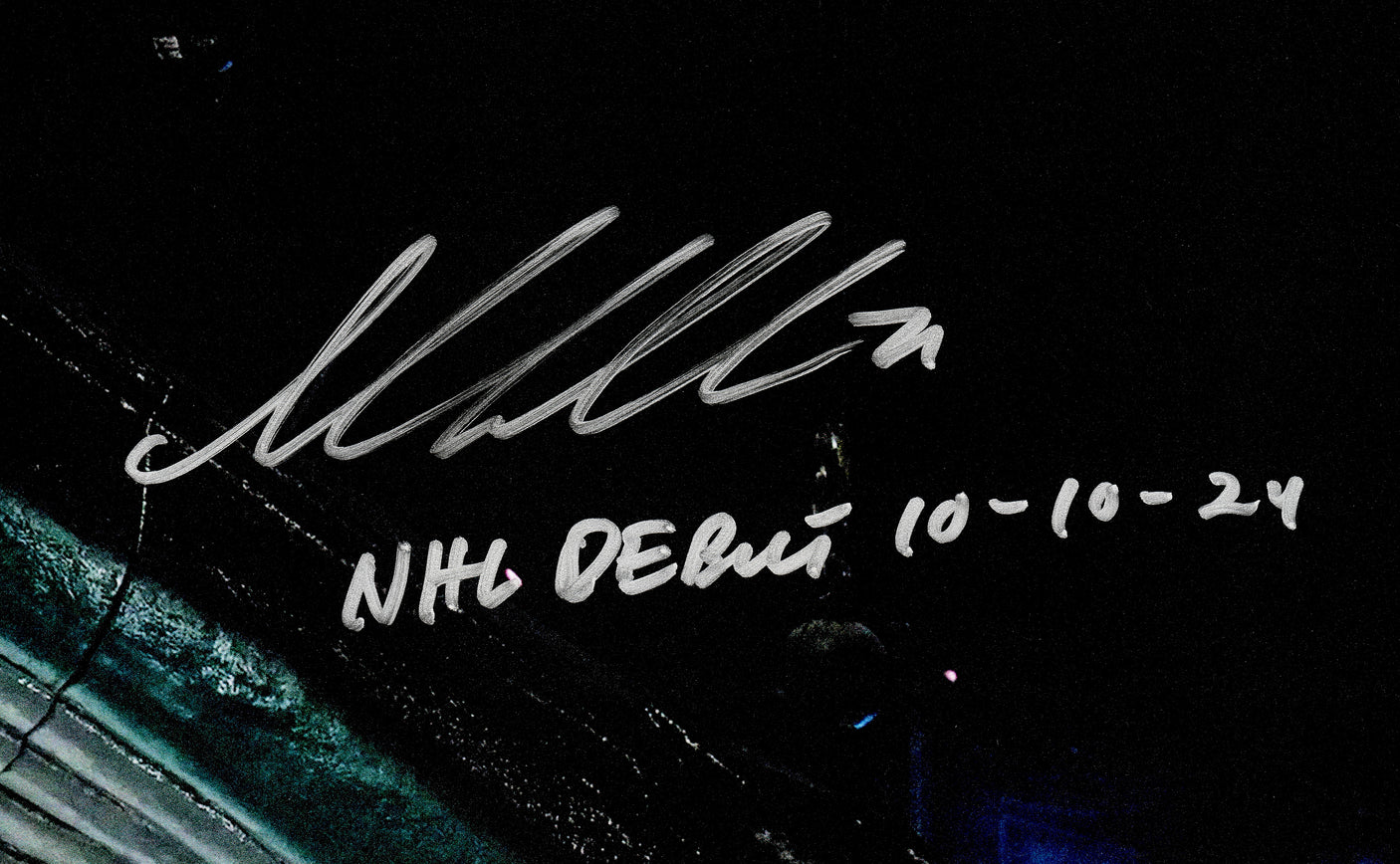 Macklin Celebrini Autographed 16x20 Photo San Jose Sharks "NHL Debut 10-10-24" Fanatics Holo Stock #256811