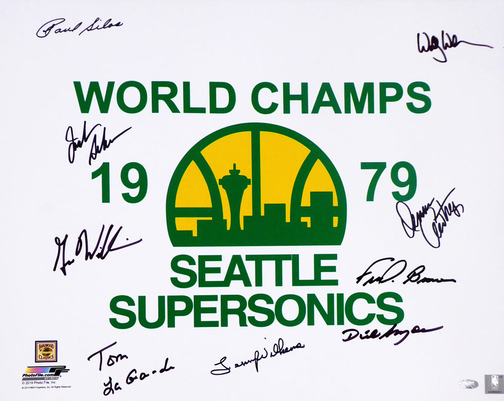 1978-79 NBA Champion Seattle Supersonics Autographed Framed 16x20 Photo Seattle Super Sonics With 9 Signatures Including Fred Brown & Lenny Wilkens MCS Holo Stock #256667