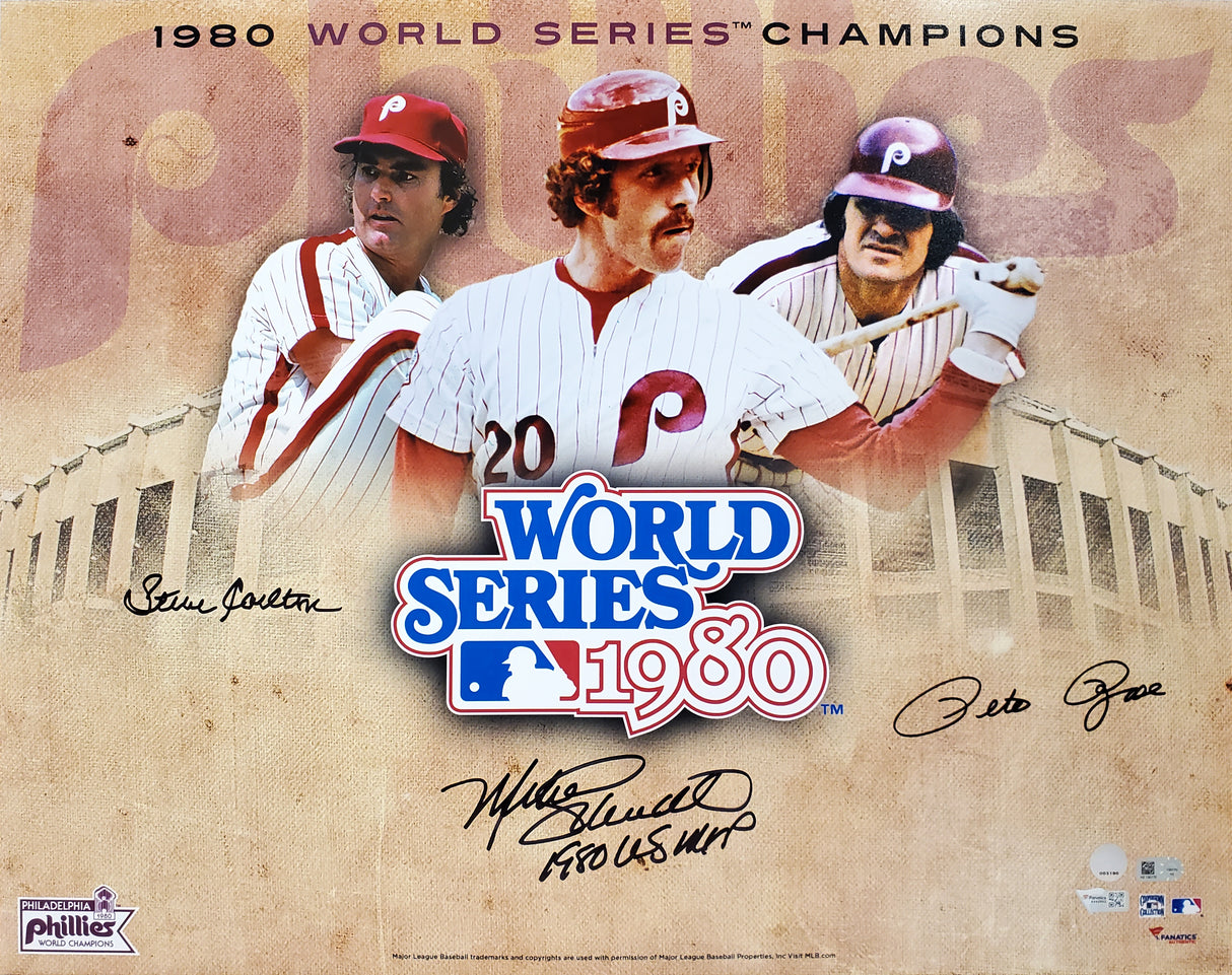 Mike Schmidt, Pete Rose & Steve Carlton Autographed Framed 16x20 Photo 1980 World Series Champion Philadelphia Phillies MLB Holo Stock #256668
