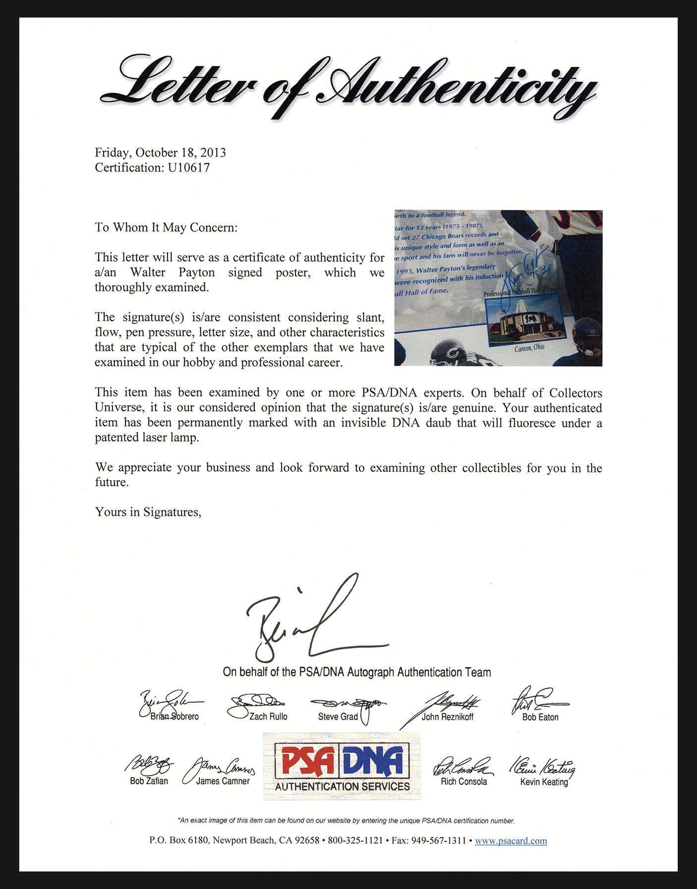 Walter Payton Autographed Framed 16x20 Photo Chicago Bears PSA/DNA Stock #256670