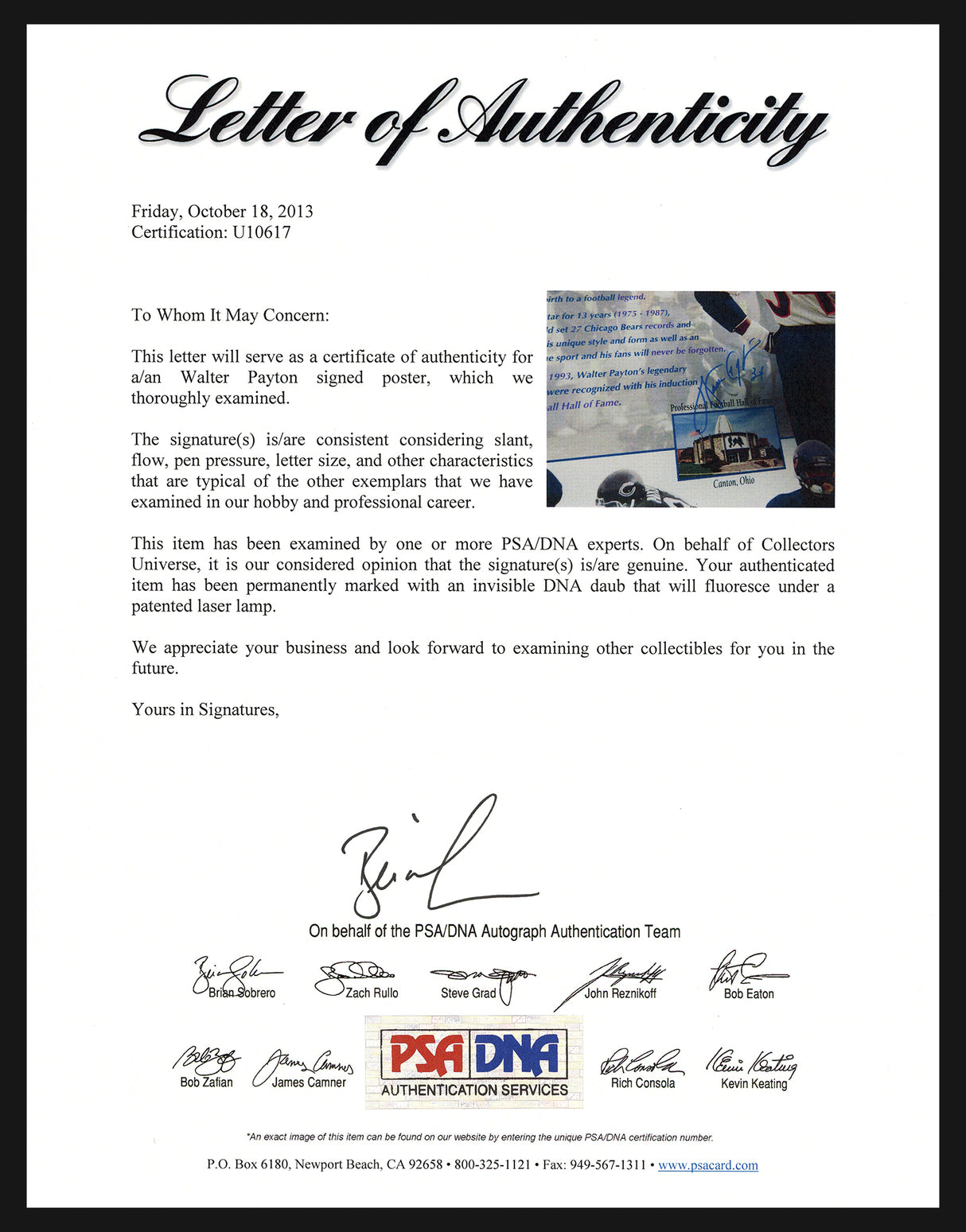 Walter Payton Autographed Framed 16x20 Photo Chicago Bears PSA/DNA Stock #256670