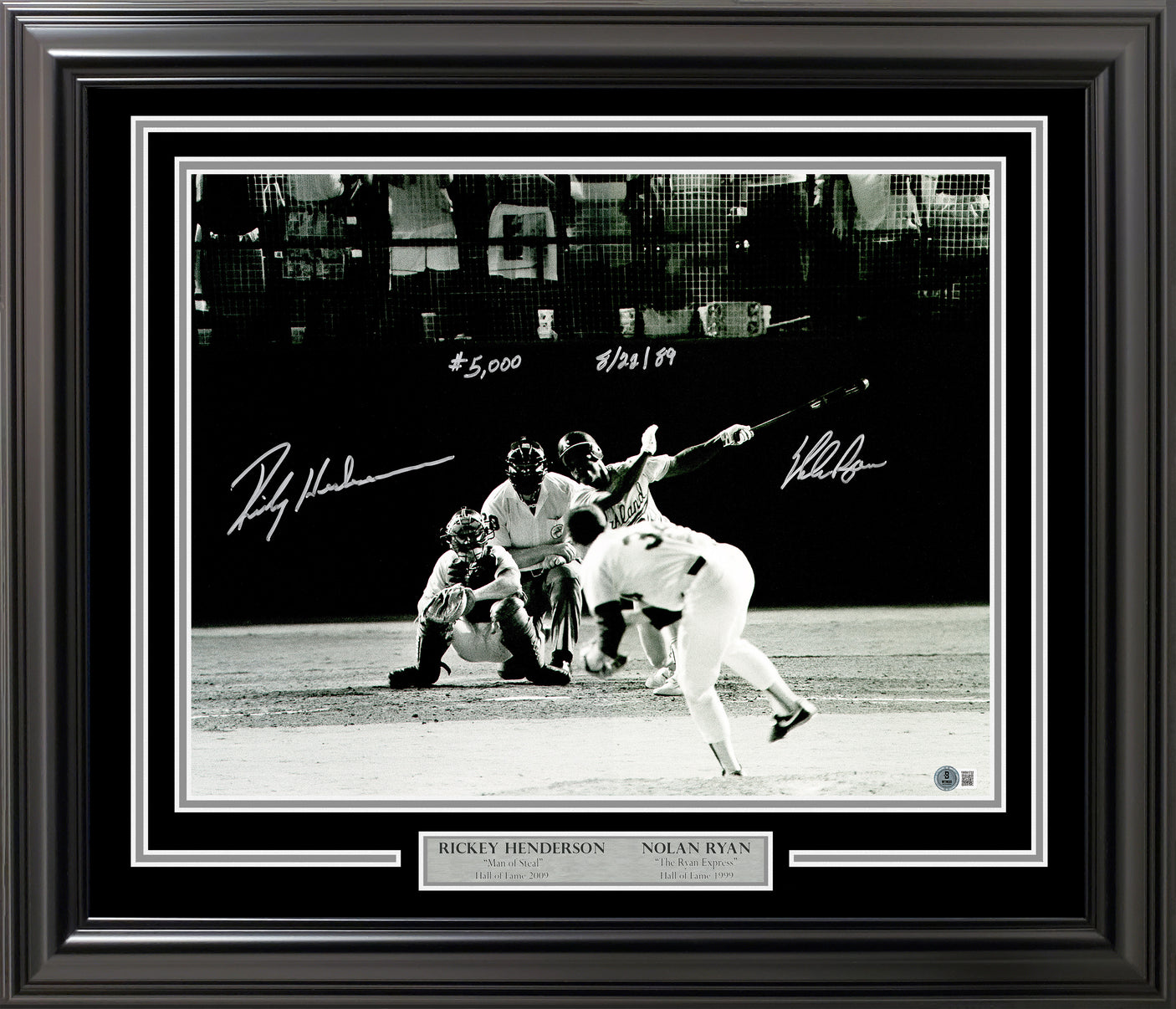 Nolan Ryan & Rickey Henderson Autographed Framed 16x20 Photo Texas Rangers "#5000 8/22/89" Beckett BAS Witness Stock #256677