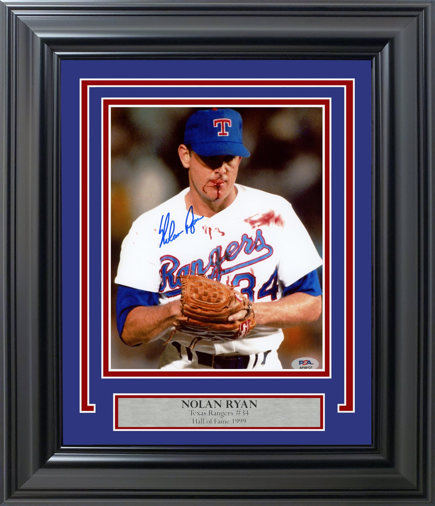 Nolan Ryan Autographed Framed 8x10 Photo Texas Rangers Bloody Lip PSA/DNA Stock #256686