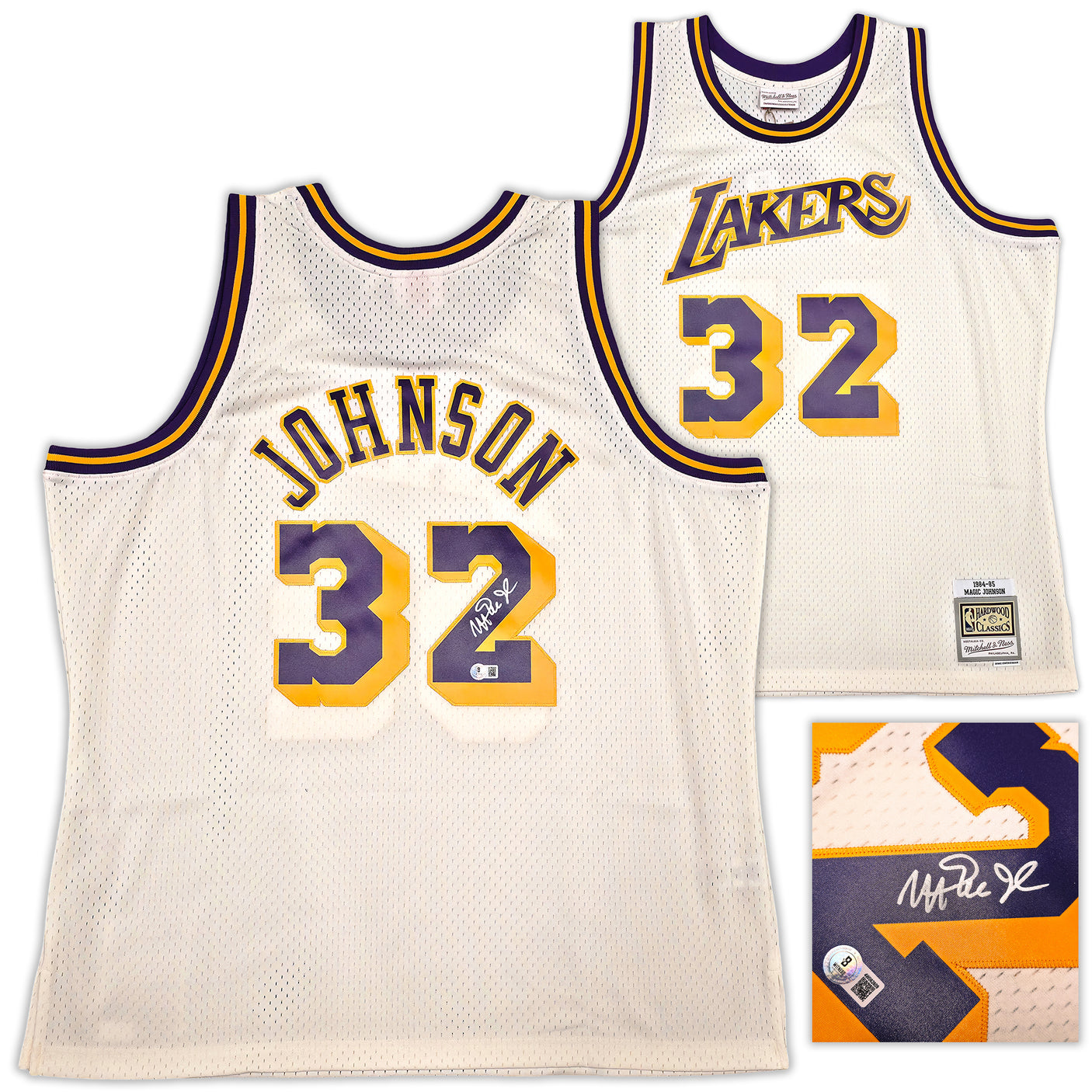 Los Angeles Lakers Magic Johnson Autographed Cream Authentic Mitchell & Ness 1984-85 Hardwood Classic Swingman Jersey Size XXL Beckett BAS Witness Stock #256706